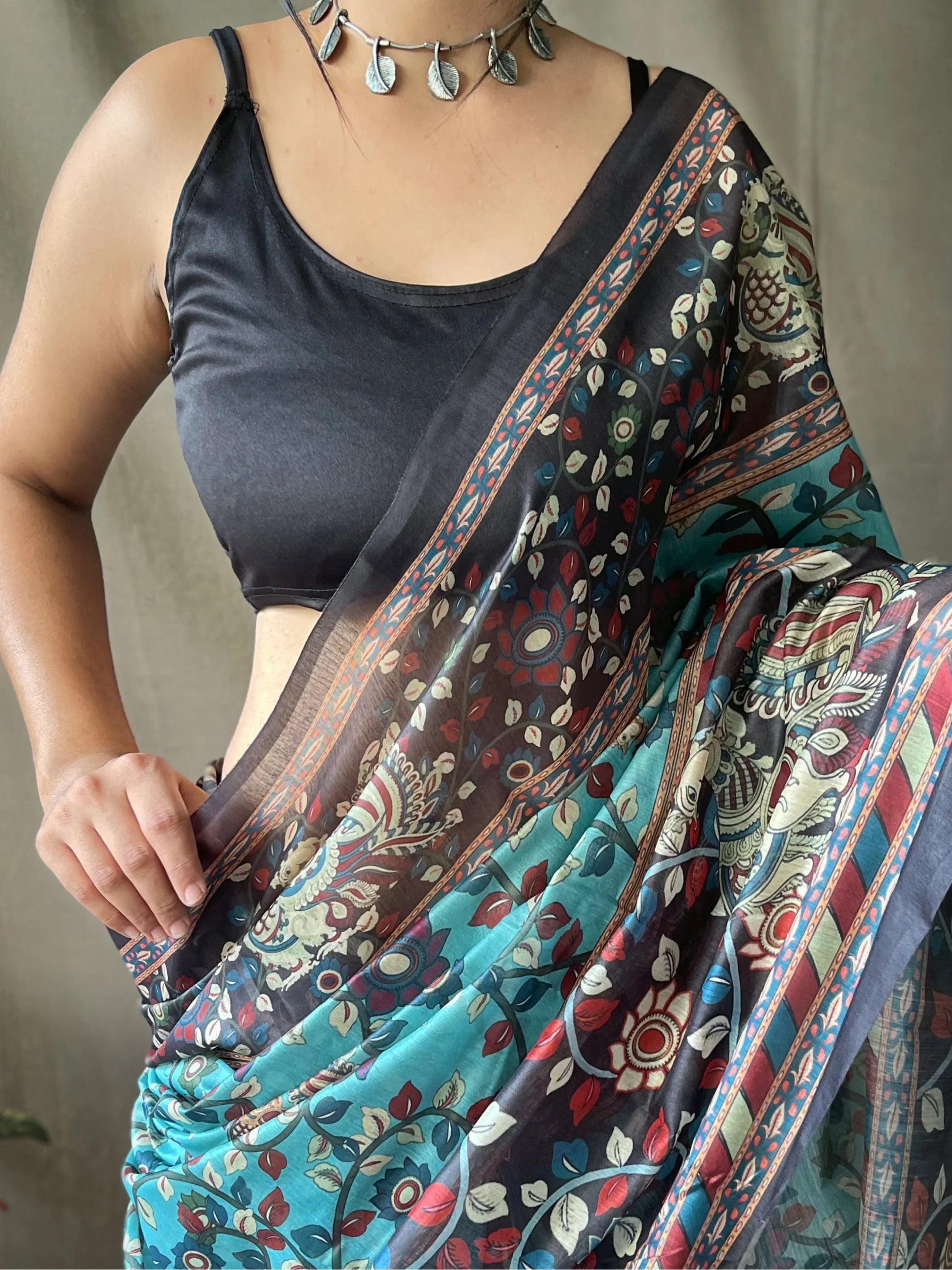 Astonishing Sky-Blue Kalamkari Printed Cotton Event Wear Saree - Zeel Clothing