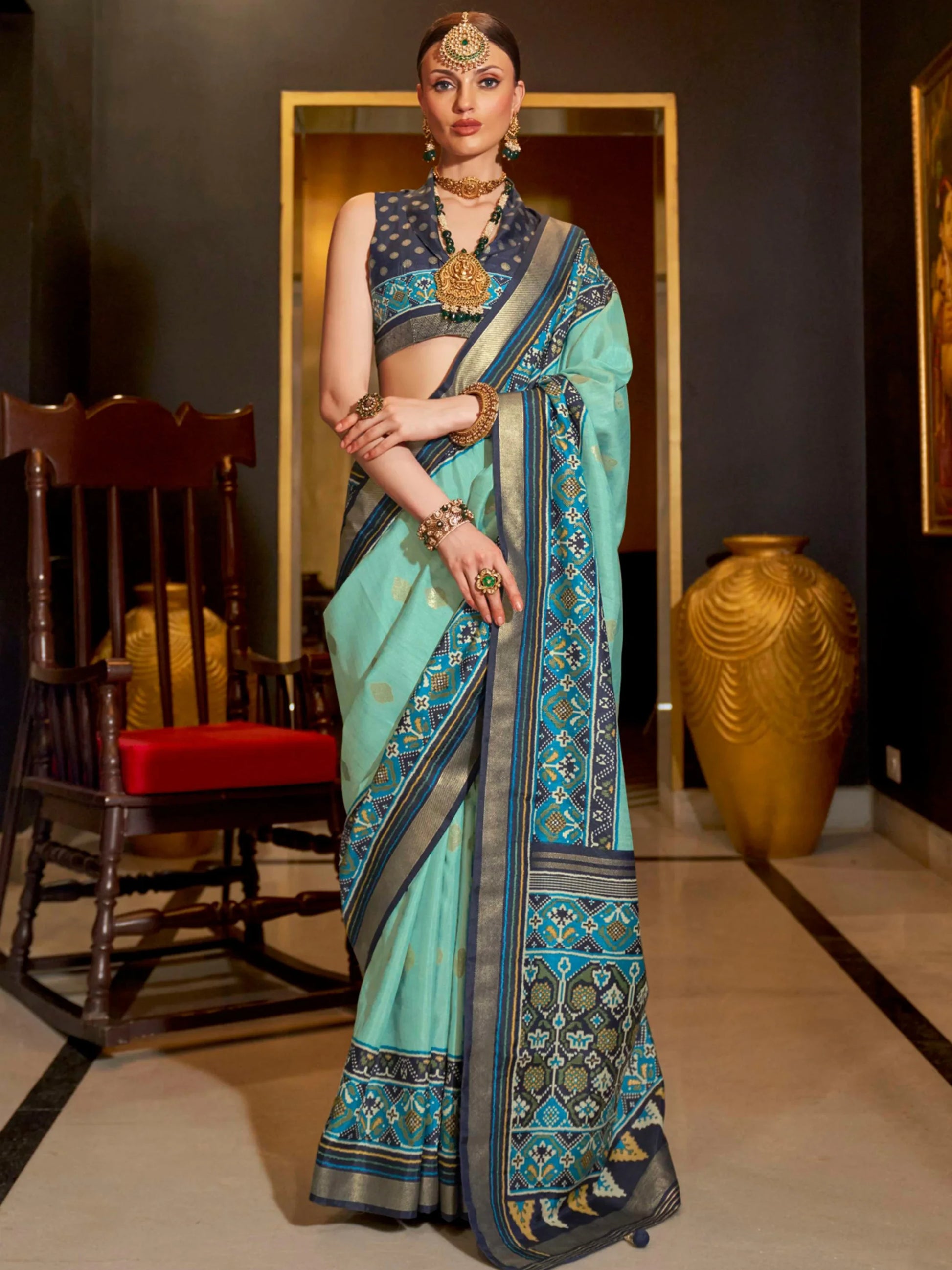 Astonishing Sky-Blue Patola Printed Silk Festival Wear Saree With Blouse - Zeel Clothing