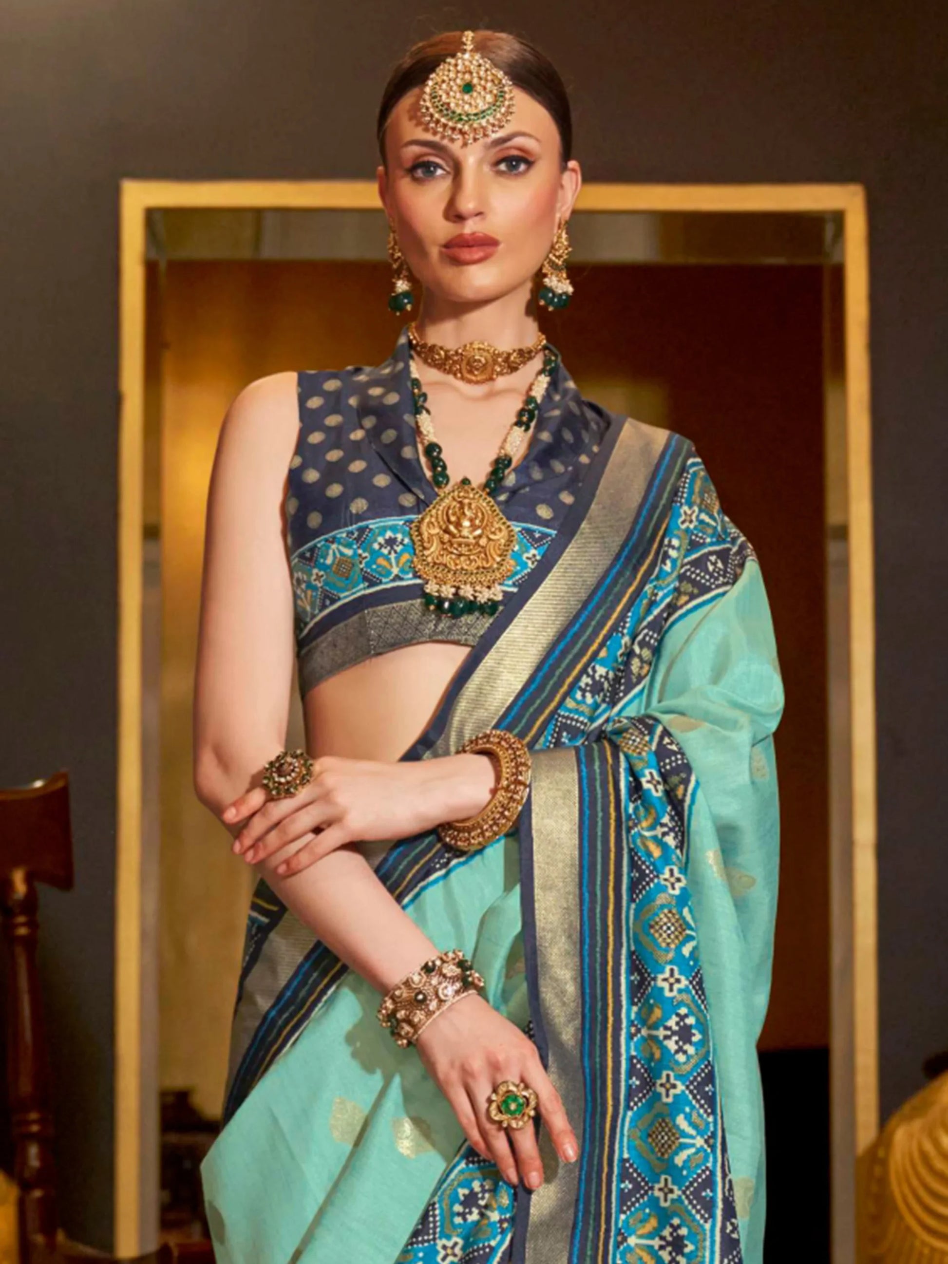 Astonishing Sky-Blue Patola Printed Silk Festival Wear Saree With Blouse - Zeel Clothing