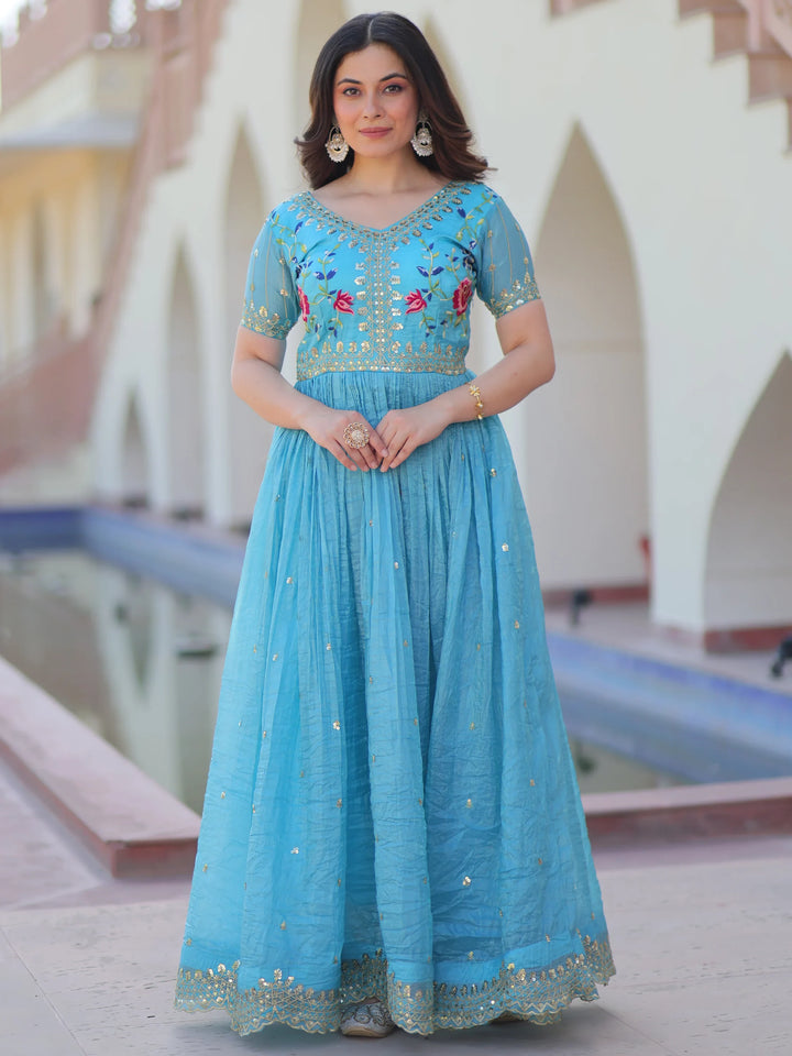 Astonishing Sky-Blue Sequins Chinon Festival Wear Gown - Zeel Clothing
