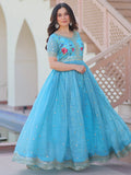 Astonishing Sky-Blue Sequins Chinon Festival Wear Gown - Zeel Clothing