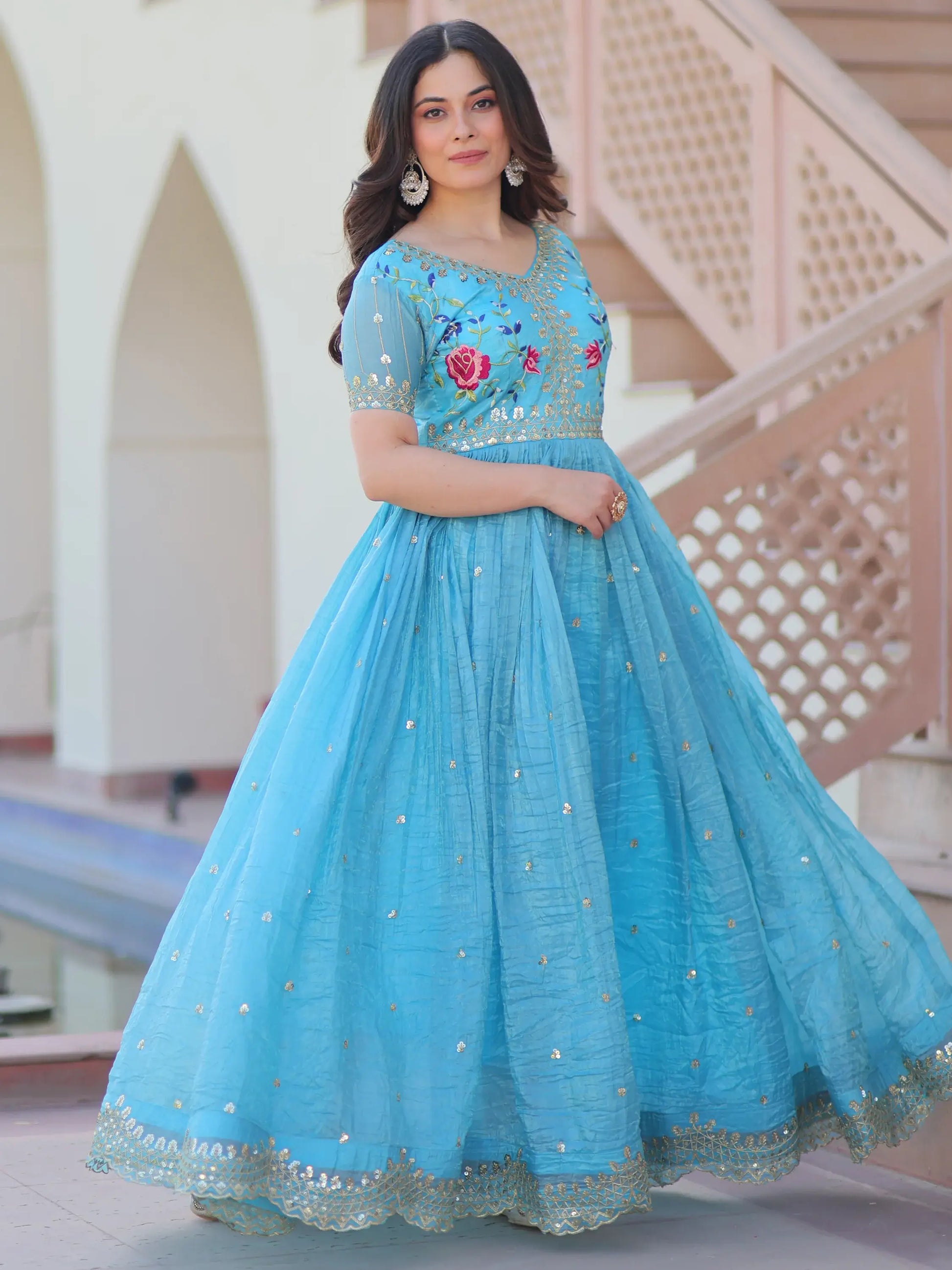 Astonishing Sky-Blue Sequins Chinon Festival Wear Gown - Zeel Clothing