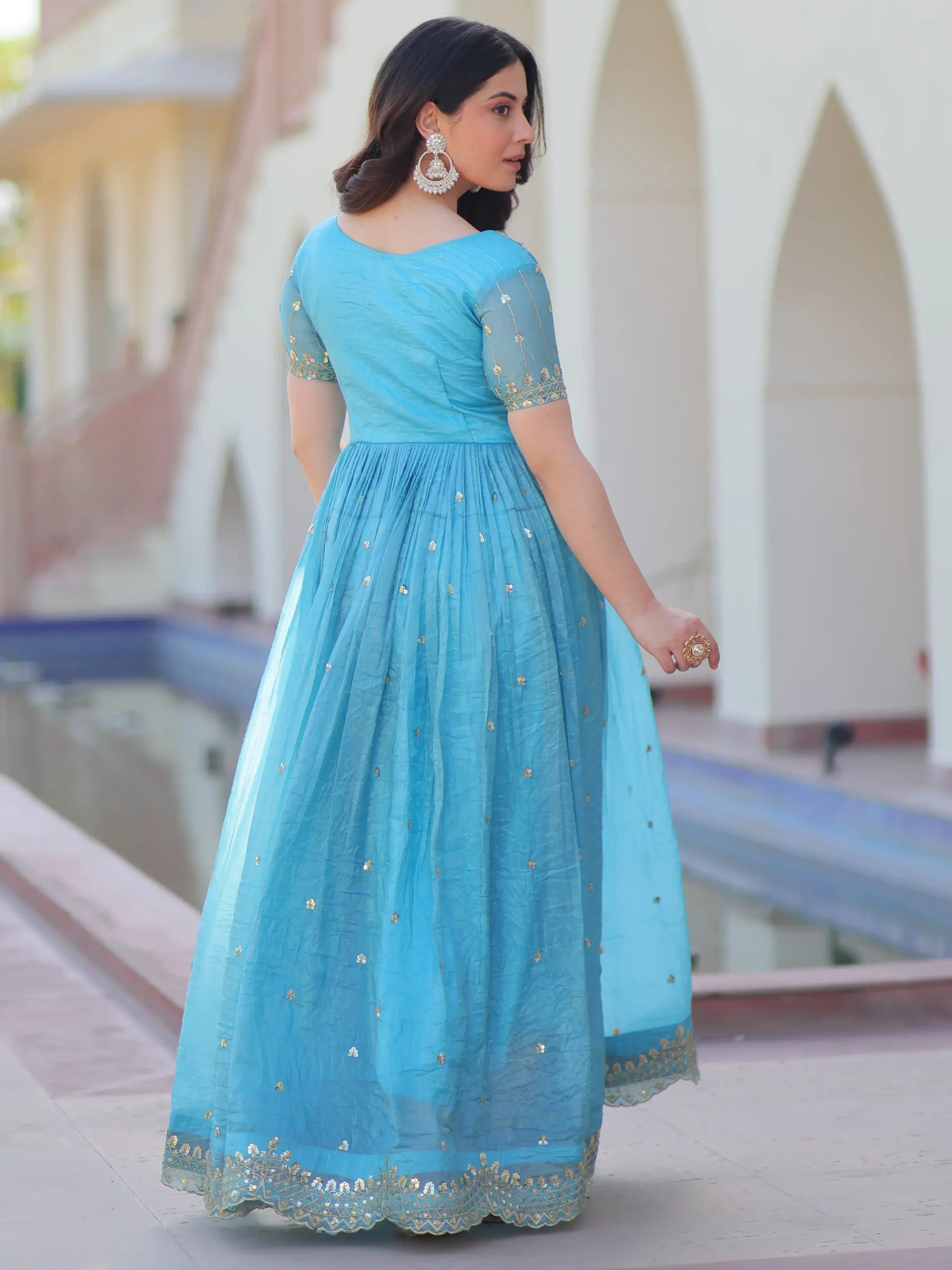 Astonishing Sky-Blue Sequins Chinon Festival Wear Gown - Zeel Clothing