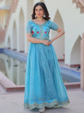 Astonishing Sky-Blue Sequins Chinon Festival Wear Gown - Zeel Clothing