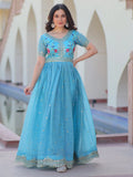 Astonishing Sky-Blue Sequins Chinon Festival Wear Gown - Zeel Clothing