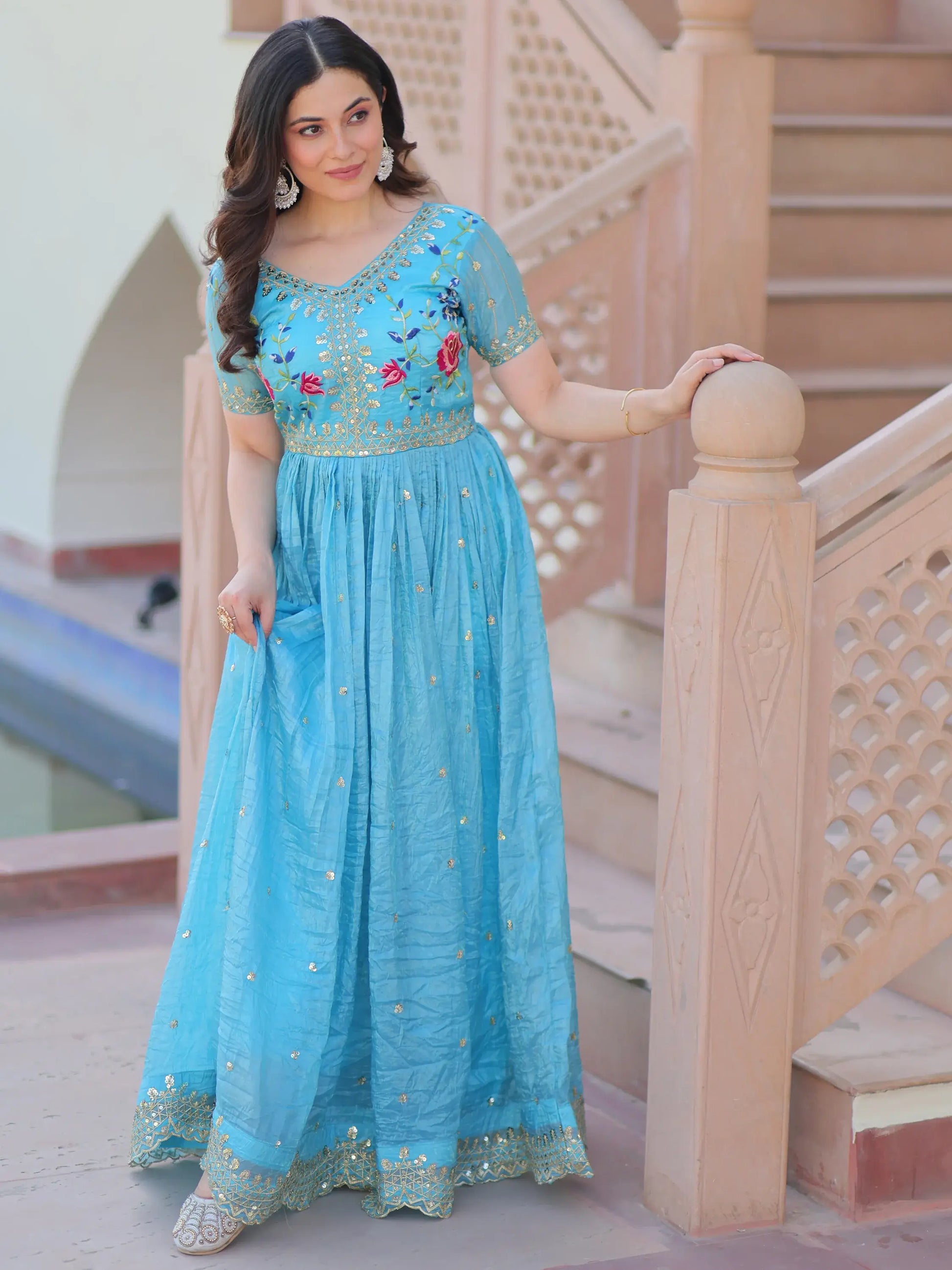 Astonishing Sky-Blue Sequins Chinon Festival Wear Gown - Zeel Clothing