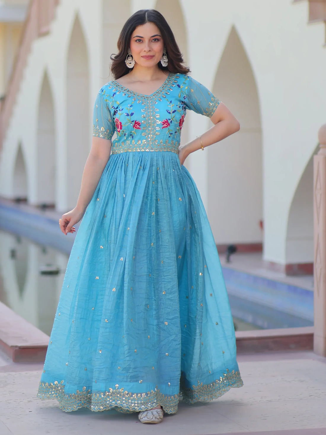 Astonishing Sky-Blue Sequins Chinon Festival Wear Gown - Zeel Clothing