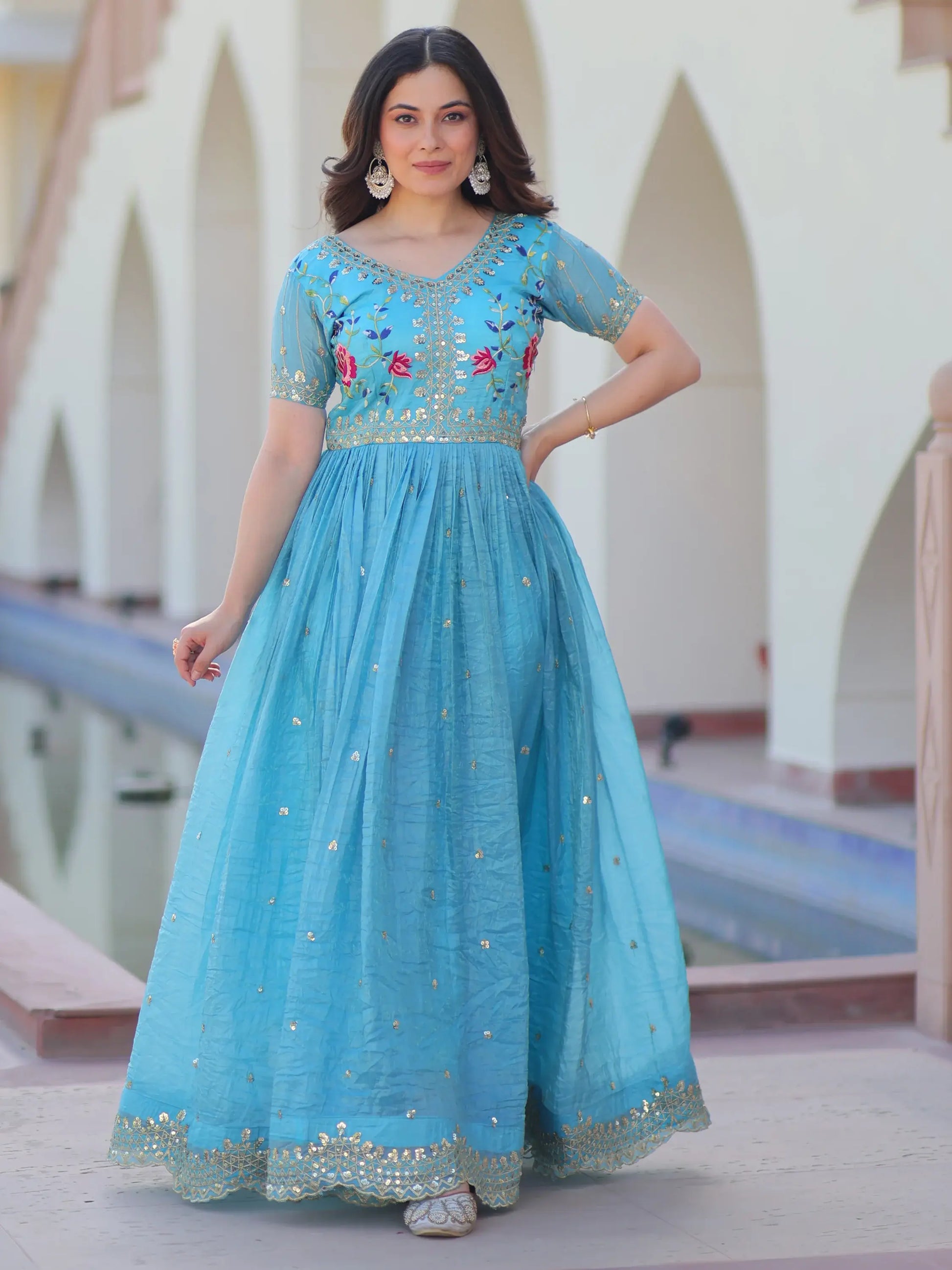 Astonishing Sky-Blue Sequins Chinon Festival Wear Gown - Zeel Clothing