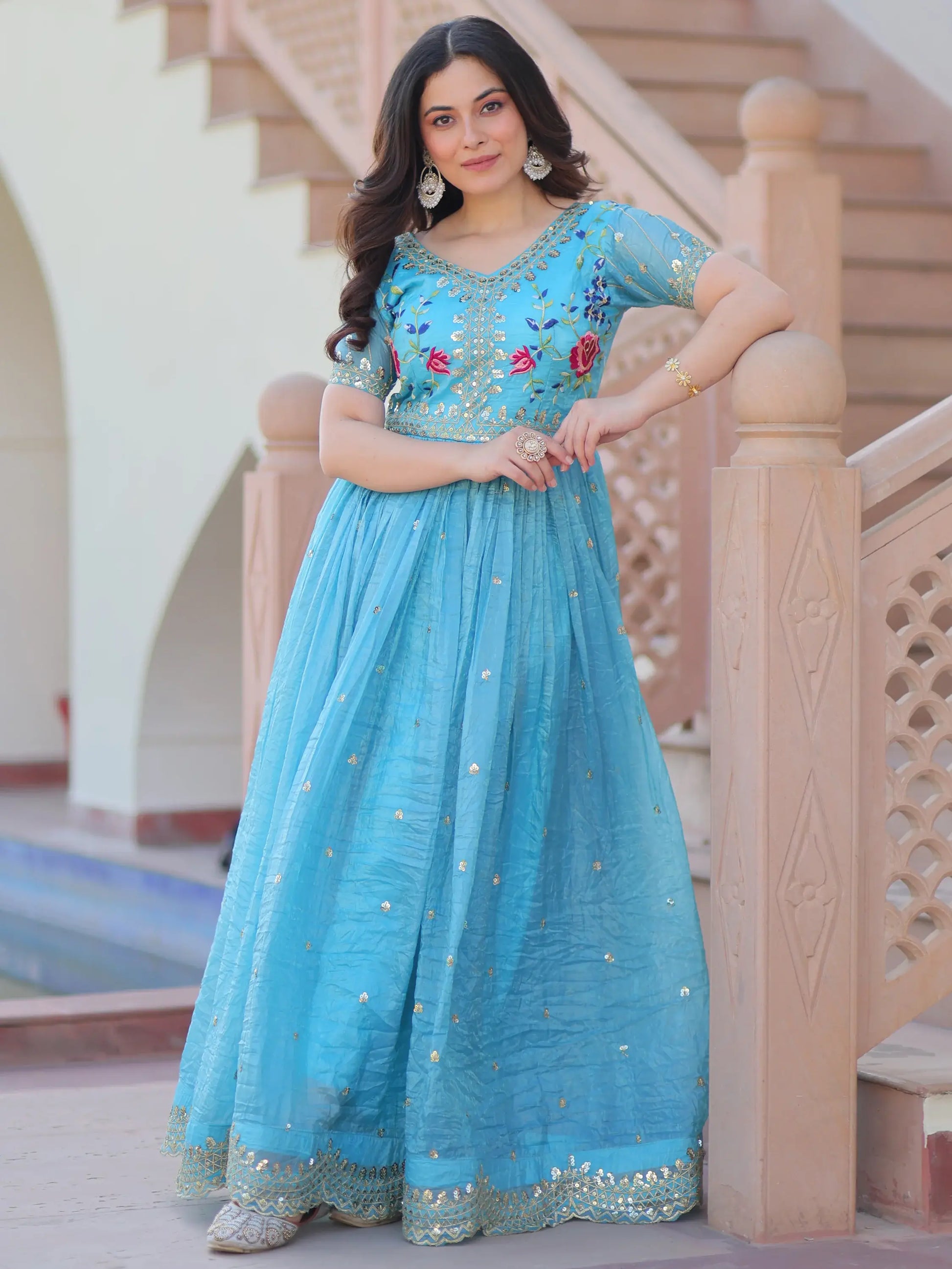 Astonishing Sky-Blue Sequins Chinon Festival Wear Gown - Zeel Clothing