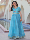 Astonishing Sky-Blue Sequins Chinon Festival Wear Gown - Zeel Clothing