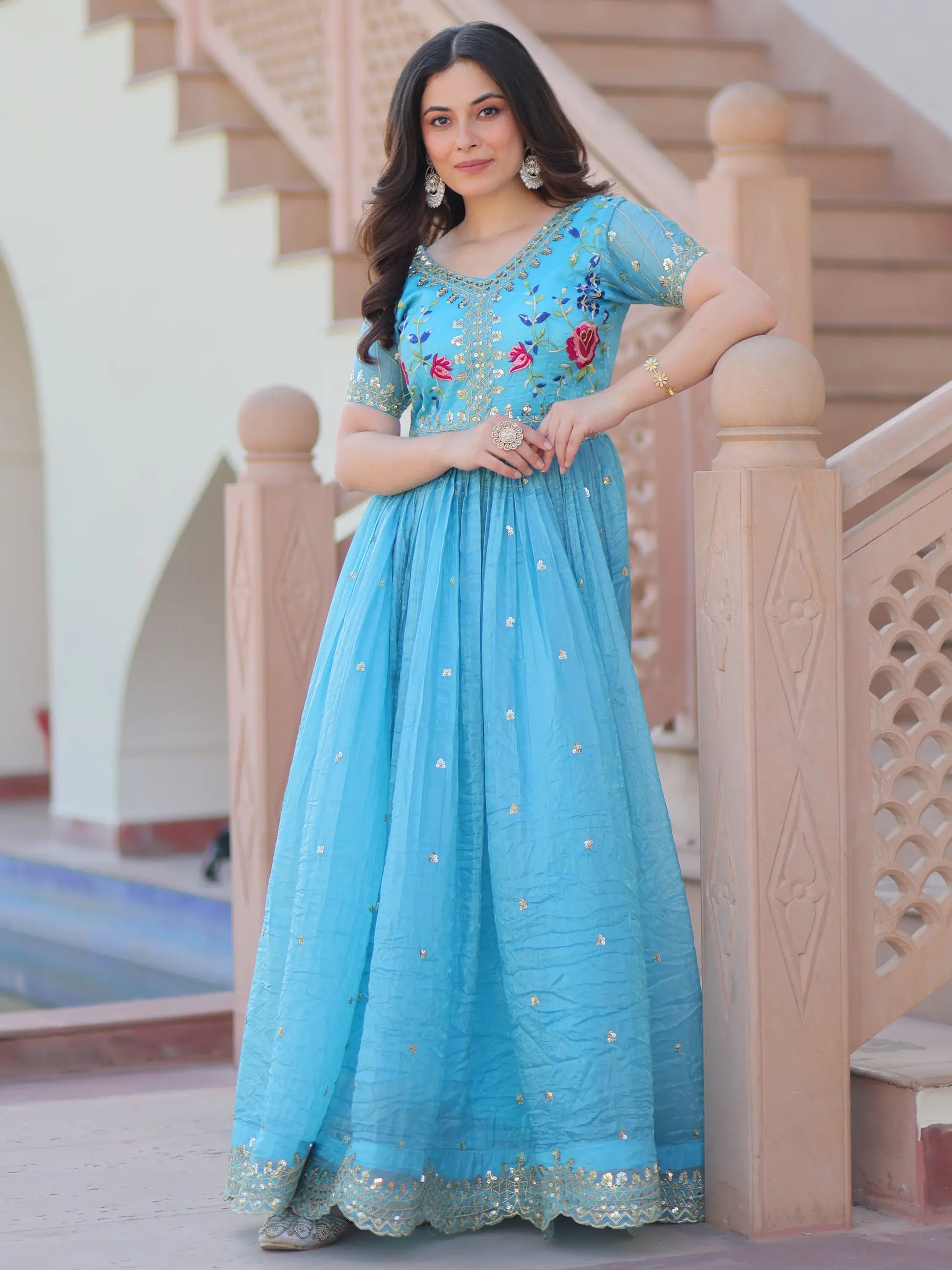 Astonishing Sky-Blue Sequins Chinon Festival Wear Gown - Zeel Clothing