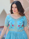 Astonishing Sky-Blue Sequins Chinon Festival Wear Gown - Zeel Clothing