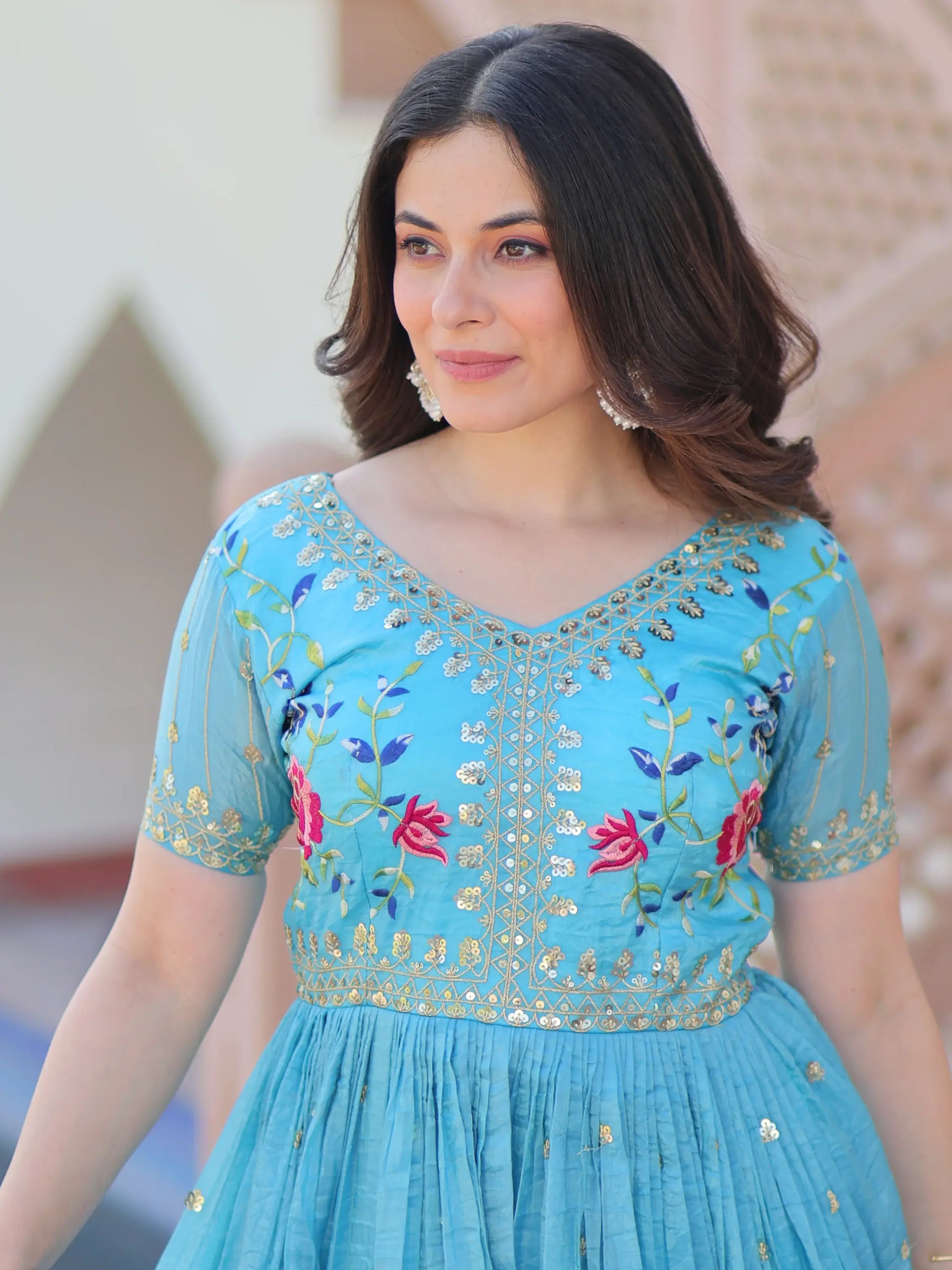 Astonishing Sky-Blue Sequins Chinon Festival Wear Gown - Zeel Clothing