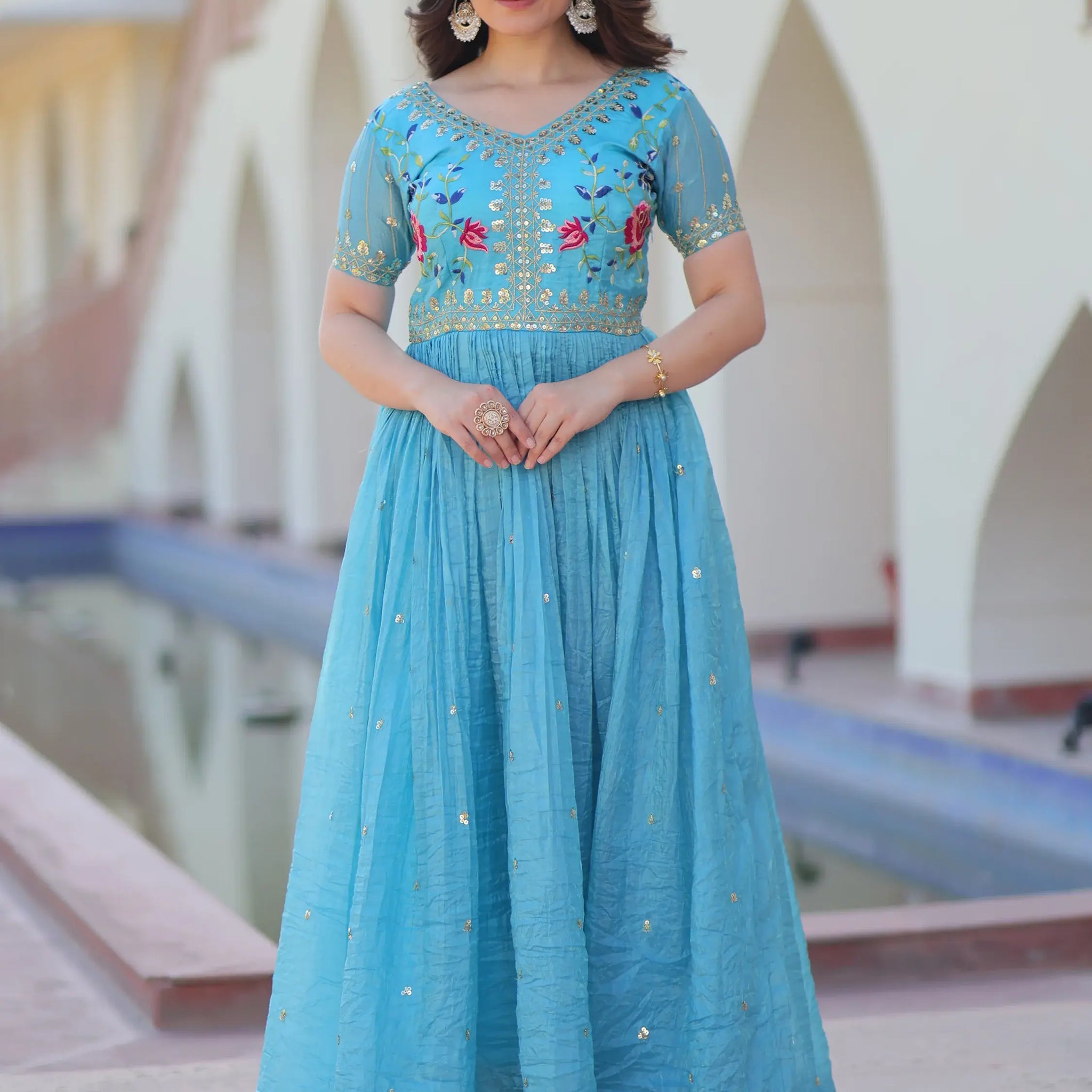 Astonishing Sky-Blue Sequins Chinon Festival Wear Gown - Zeel Clothing