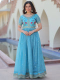 Astonishing Sky-Blue Sequins Chinon Festival Wear Gown - Zeel Clothing