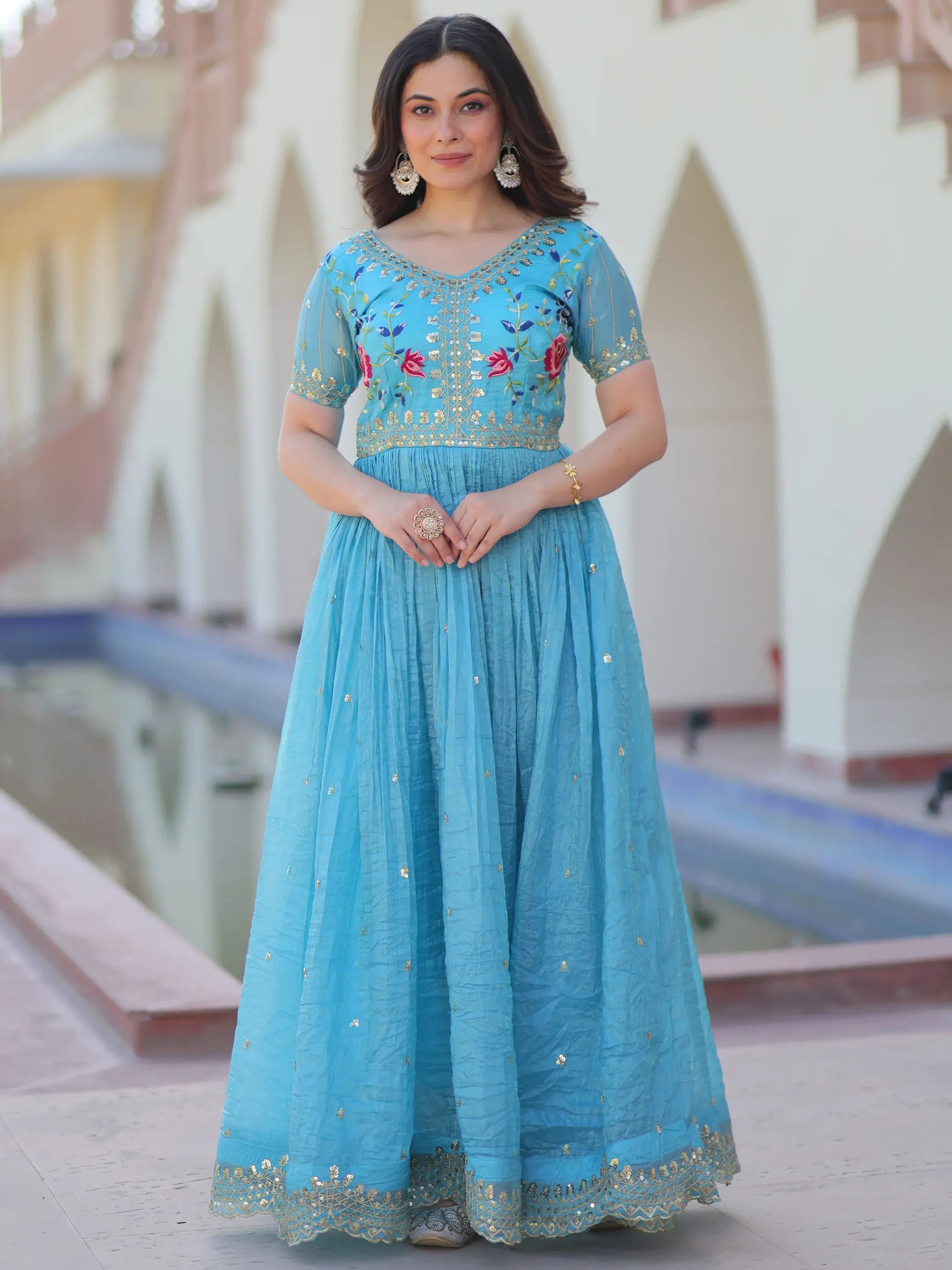 Astonishing Sky-Blue Sequins Chinon Festival Wear Gown - Zeel Clothing