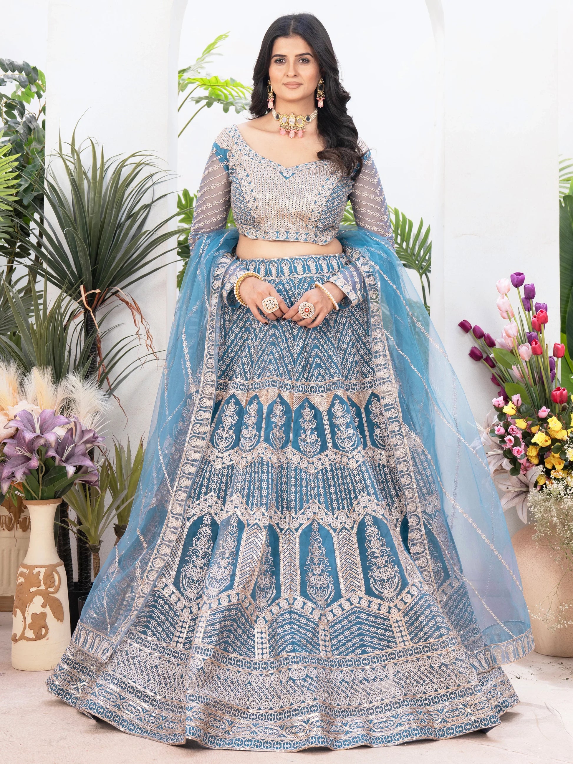 Astonishing Sky-Blue Sequins Net Bridesmaid Lehenga Choli - Zeel Clothing