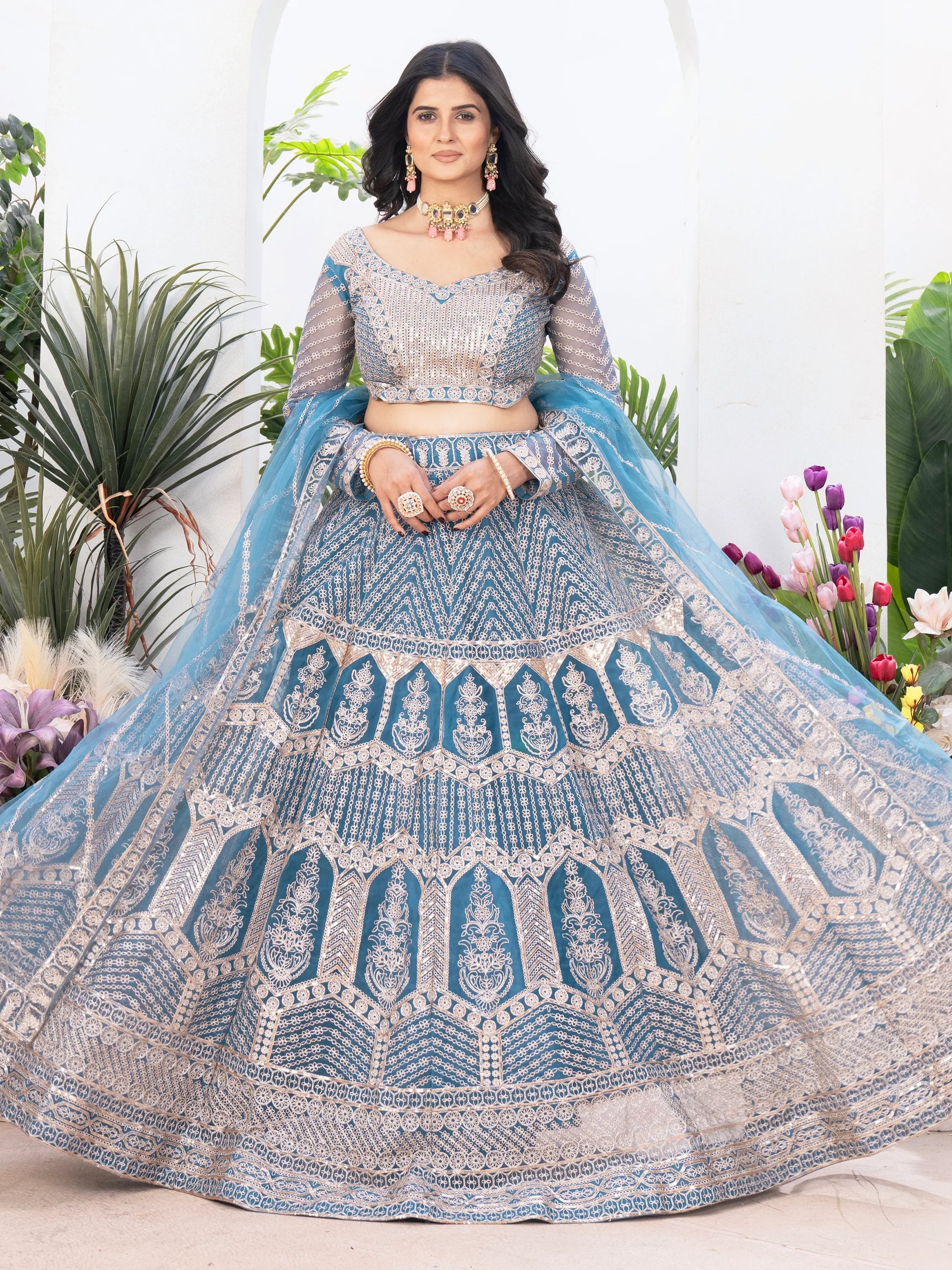 Astonishing Sky-Blue Sequins Net Bridesmaid Lehenga Choli - Zeel Clothing