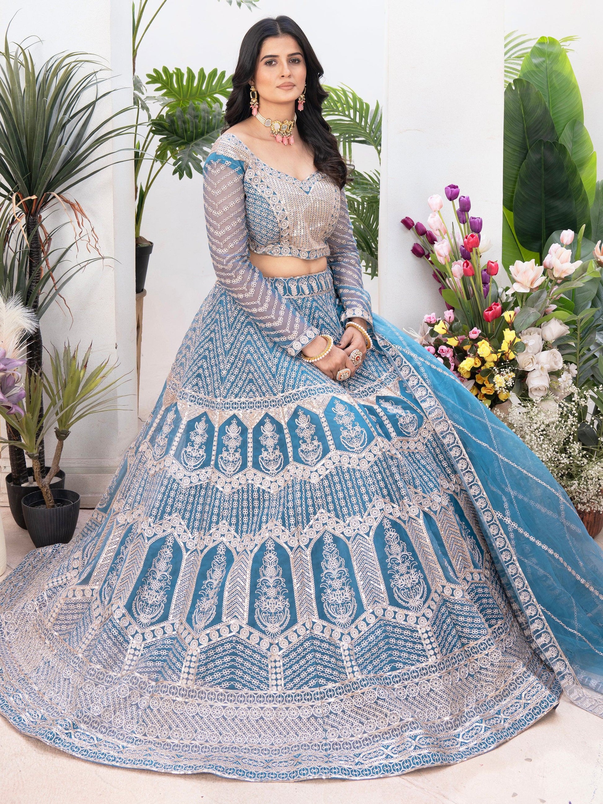 Astonishing Sky-Blue Sequins Net Bridesmaid Lehenga Choli - Zeel Clothing