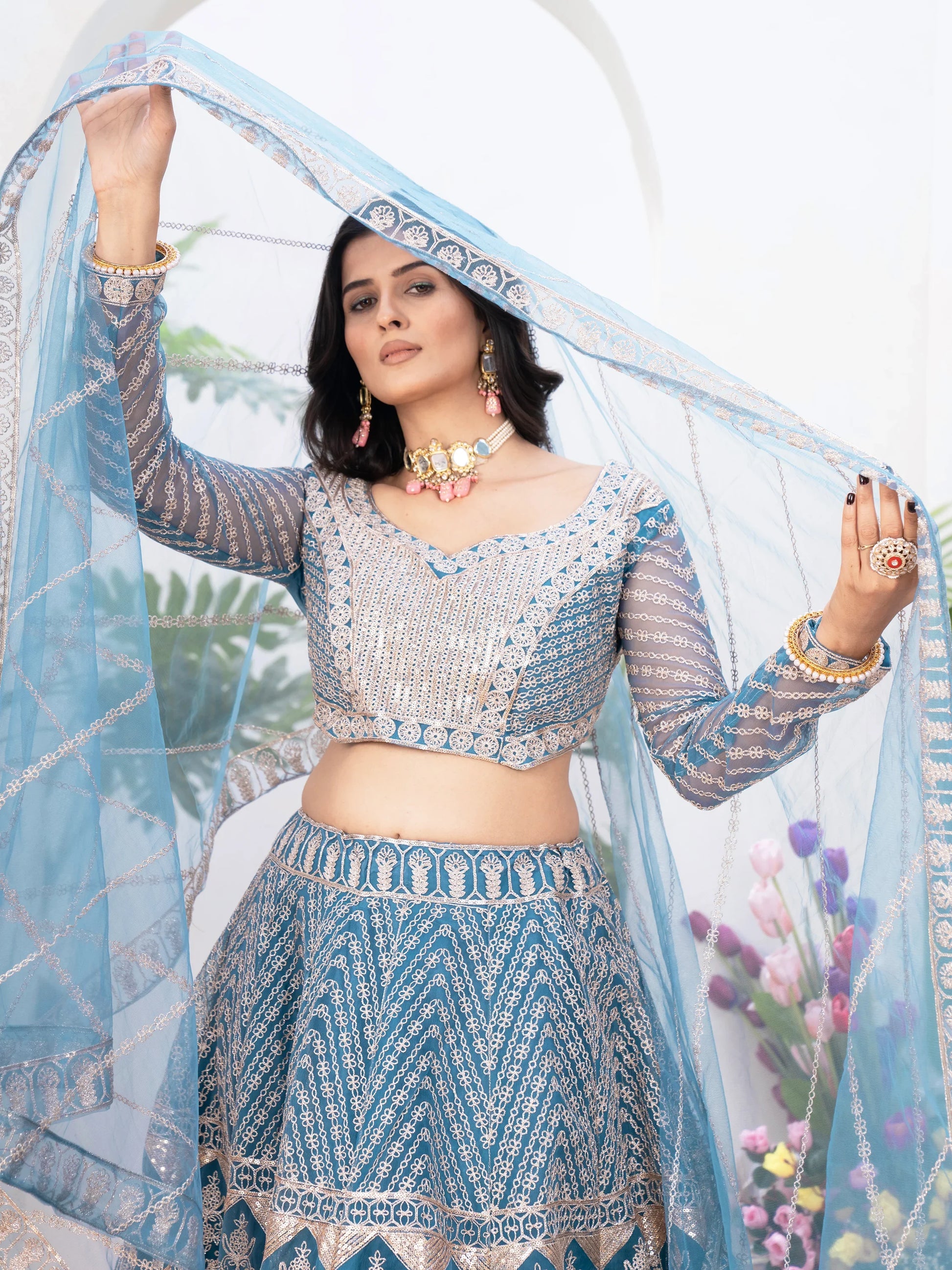 Astonishing Sky-Blue Sequins Net Bridesmaid Lehenga Choli - Zeel Clothing