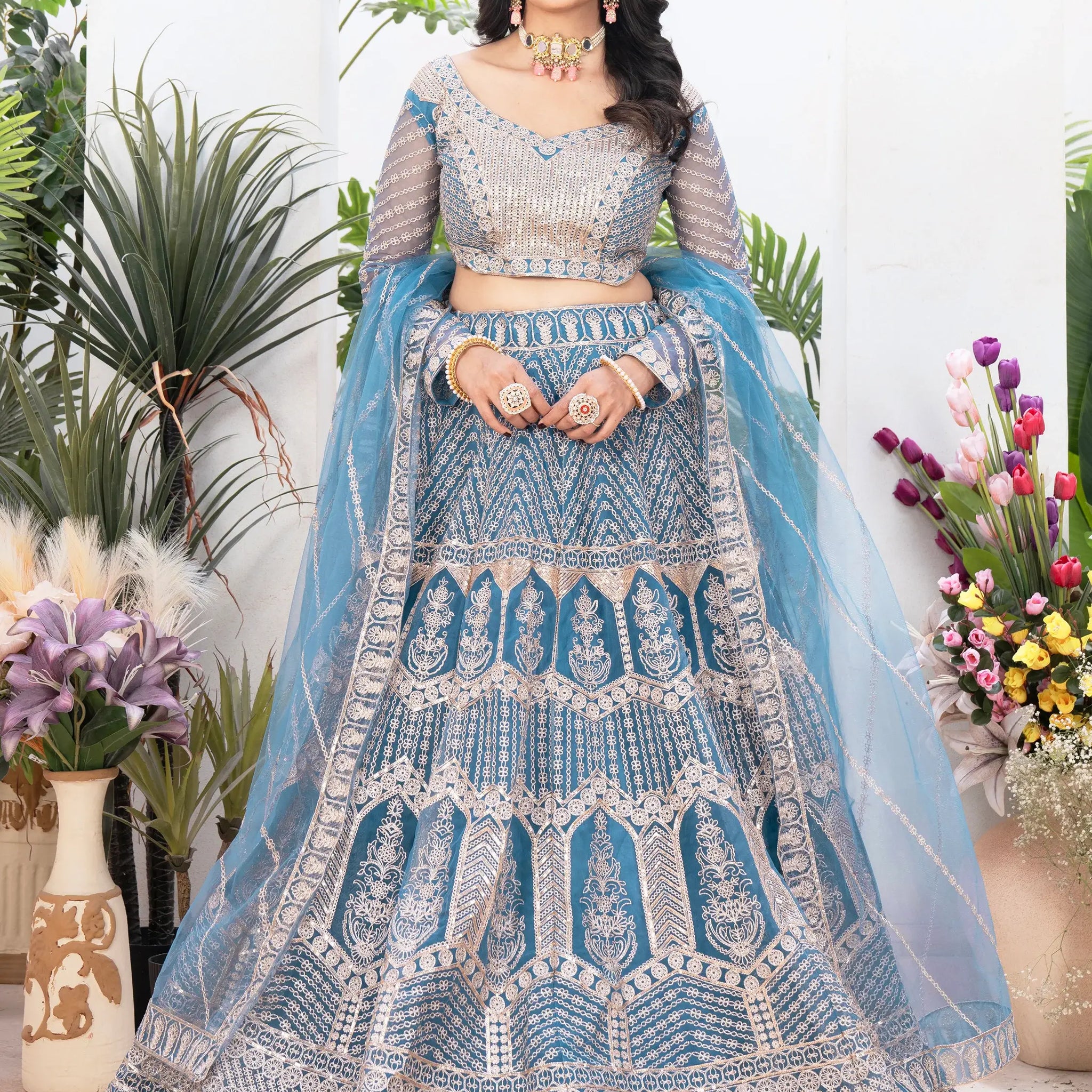 Astonishing Sky-Blue Sequins Net Bridesmaid Lehenga Choli - Zeel Clothing