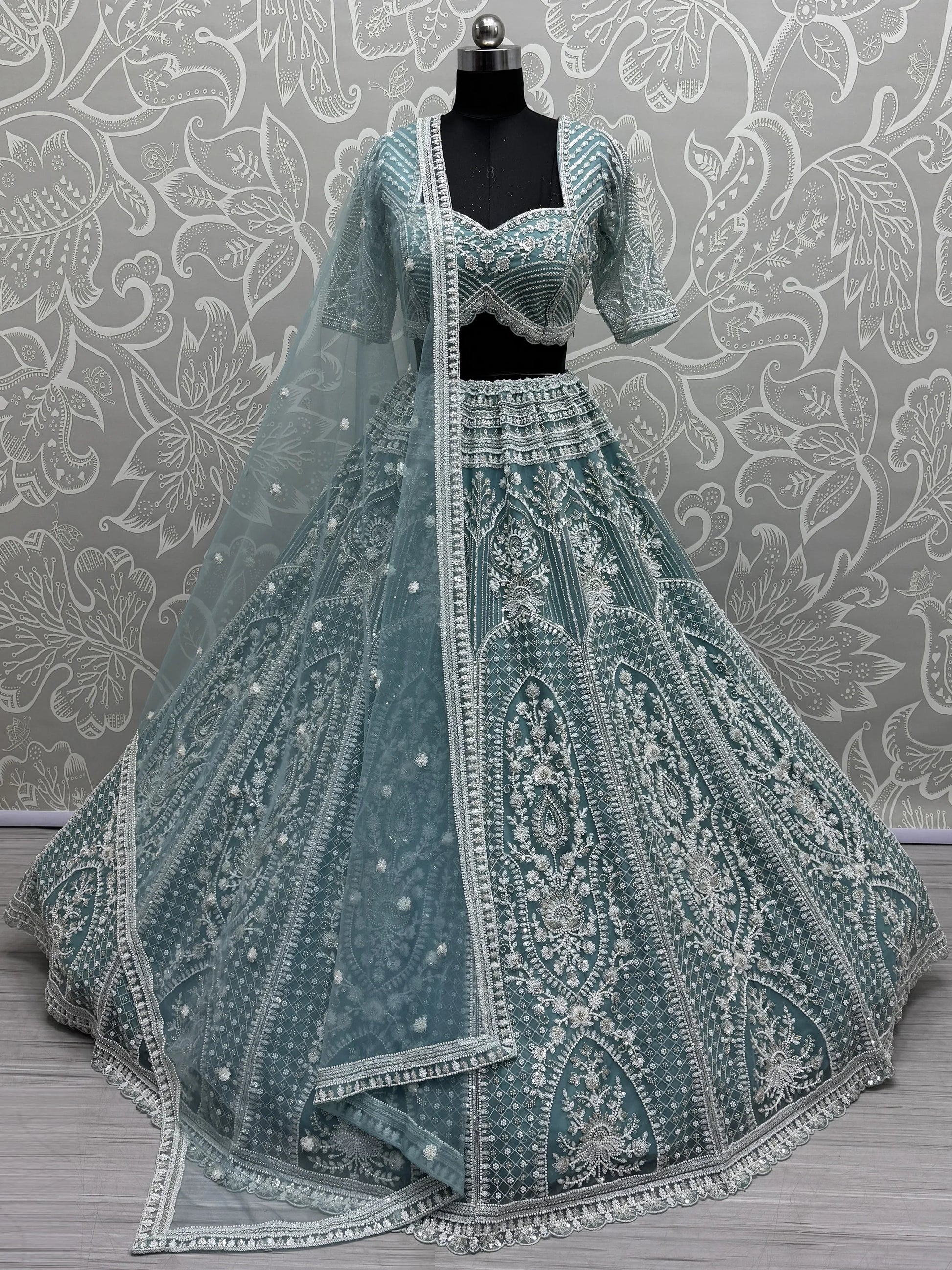Astonishing Sky Blue Sequins Net Engagement Wear Lehenga Choli - Zeel Clothing