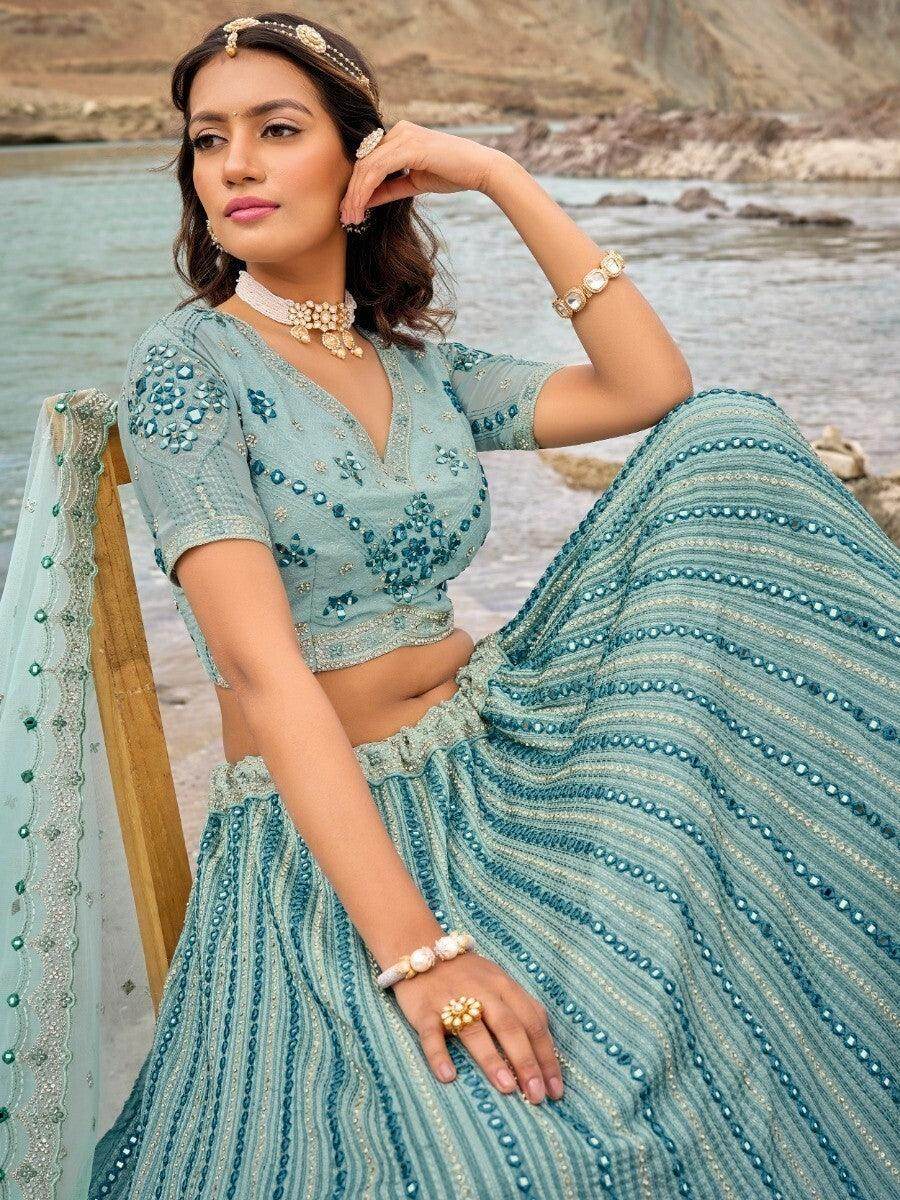 Astonishing Sky-Blue Thread Work Georgette Bridesmaid Lehenga Choli - Zeel Clothing