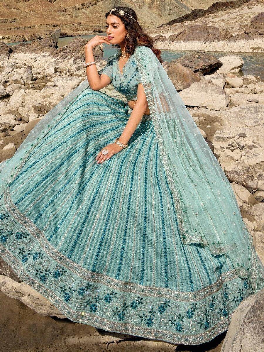 Astonishing Sky-Blue Thread Work Georgette Bridesmaid Lehenga Choli - Zeel Clothing
