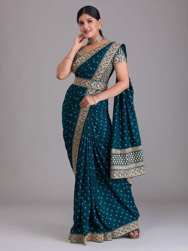 Astonishing Teal Blue Bandhani Printed Silk Wedding Wear Saree