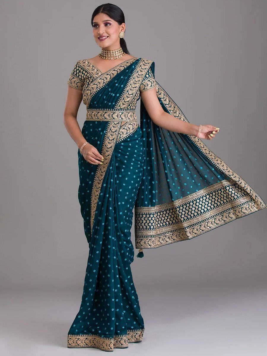 Astonishing Teal Blue Bandhani Printed Silk Wedding Wear Saree
