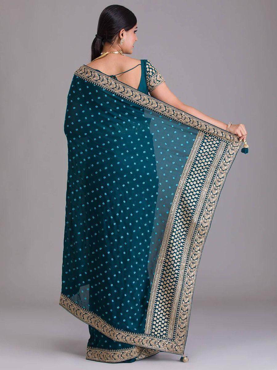 Astonishing Teal Blue Bandhani Printed Silk Wedding Wear Saree - Zeel Clothing
