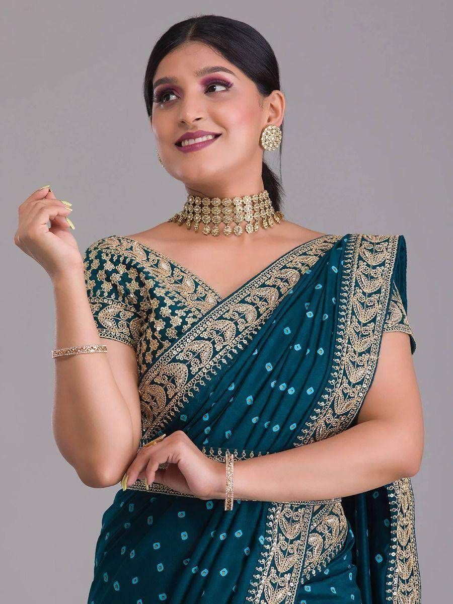 Astonishing Teal Blue Bandhani Printed Silk Wedding Wear Saree - Zeel Clothing