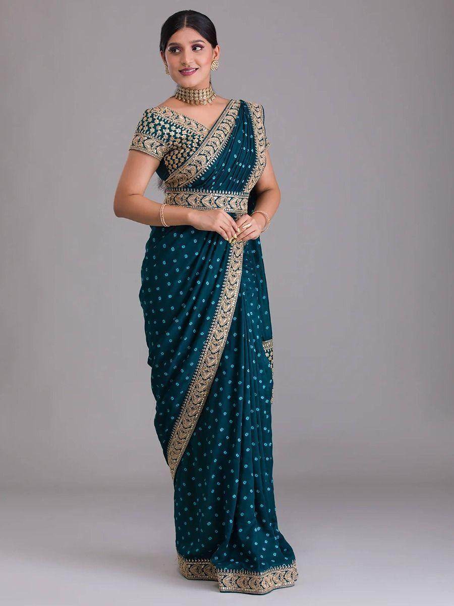 Astonishing Teal Blue Bandhani Printed Silk Wedding Wear Saree - Zeel Clothing