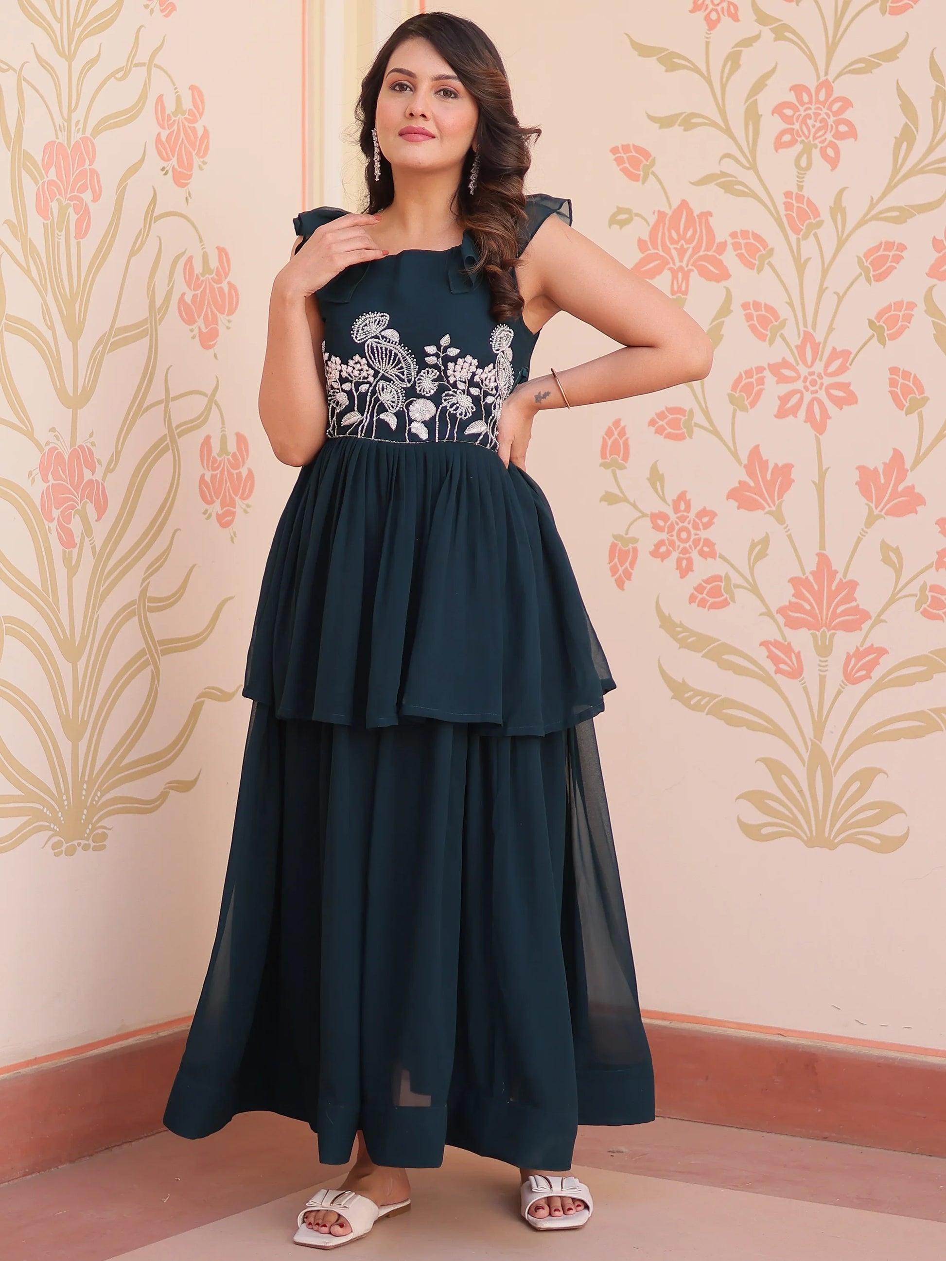 Astonishing Teal Blue Sequins Organza Event Wear Gown - Zeel Clothing