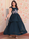 Astonishing Teal Blue Sequins Organza Event Wear Gown - Zeel Clothing