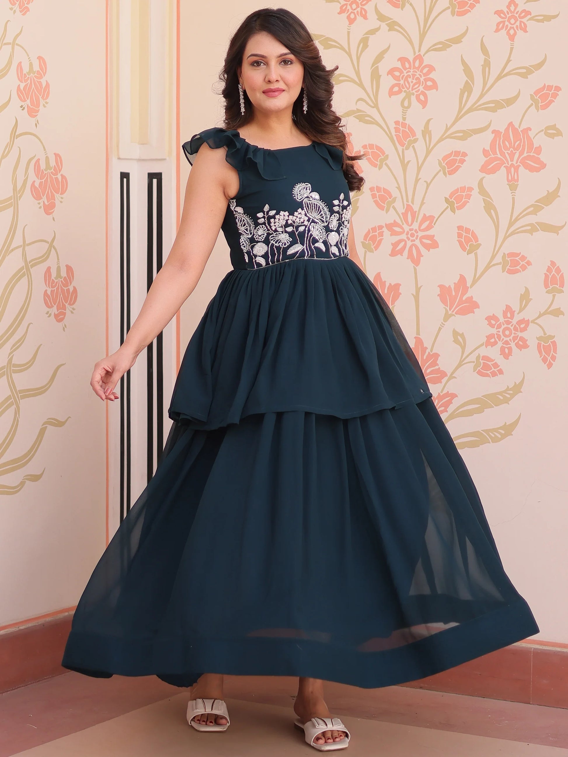 Astonishing Teal Blue Sequins Organza Event Wear Gown - Zeel Clothing