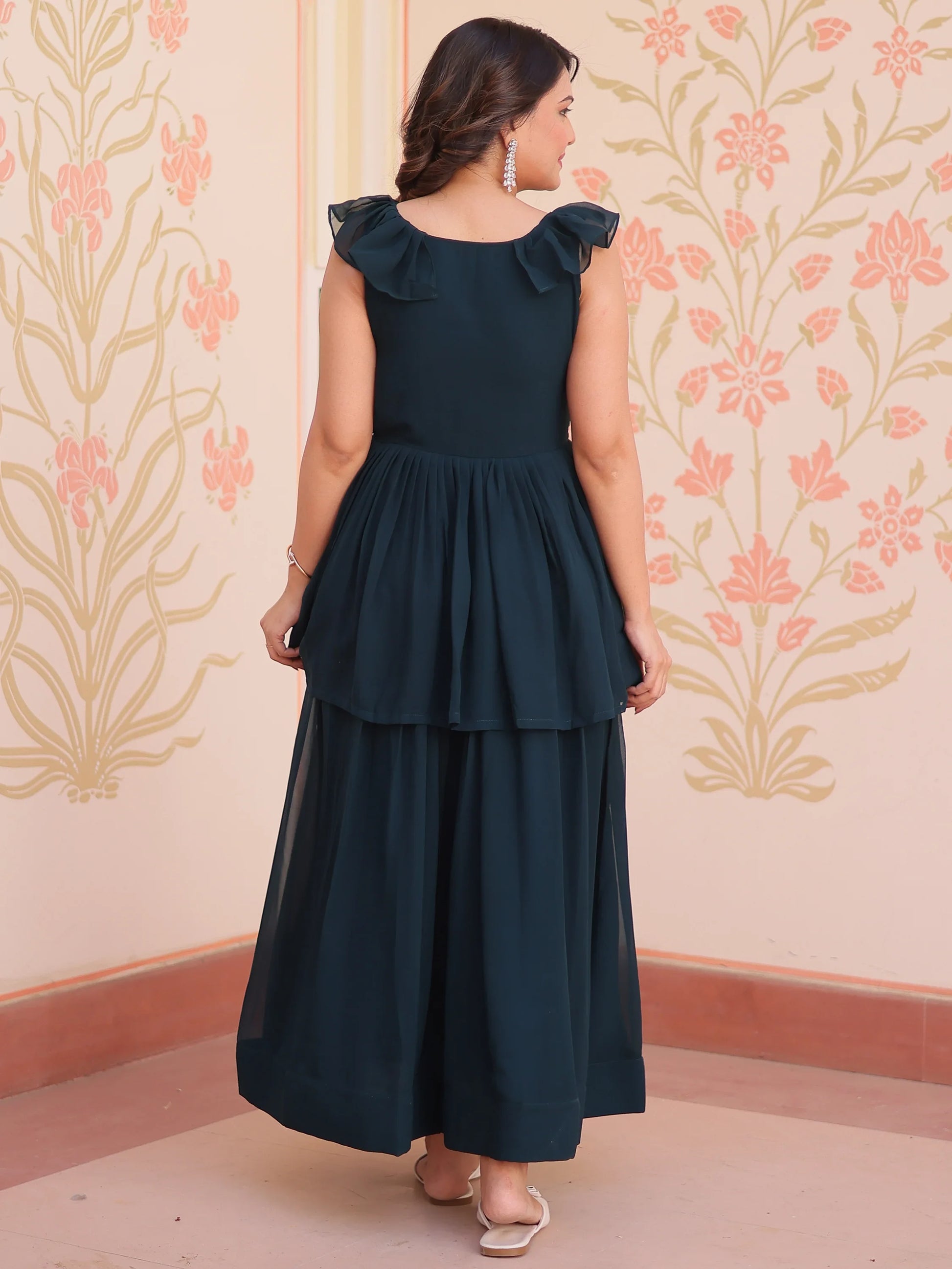 Astonishing Teal Blue Sequins Organza Event Wear Gown - Zeel Clothing