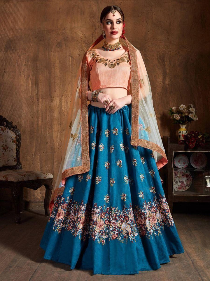 Astonishing Teal Blue Thread Work Raw Silk Wedding Lehenga Choli