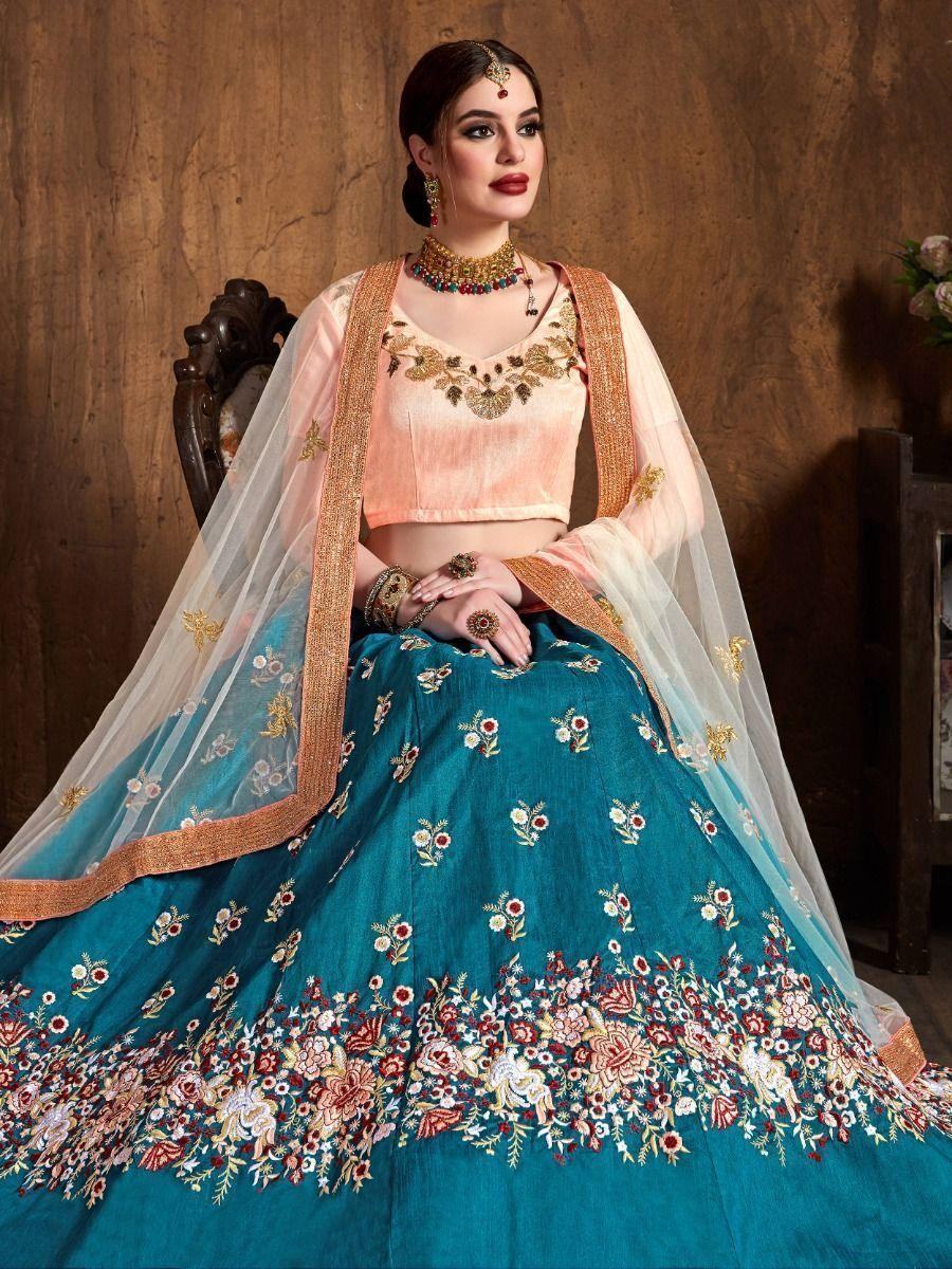 Astonishing Teal Blue Thread Work Raw Silk Wedding Lehenga Choli
