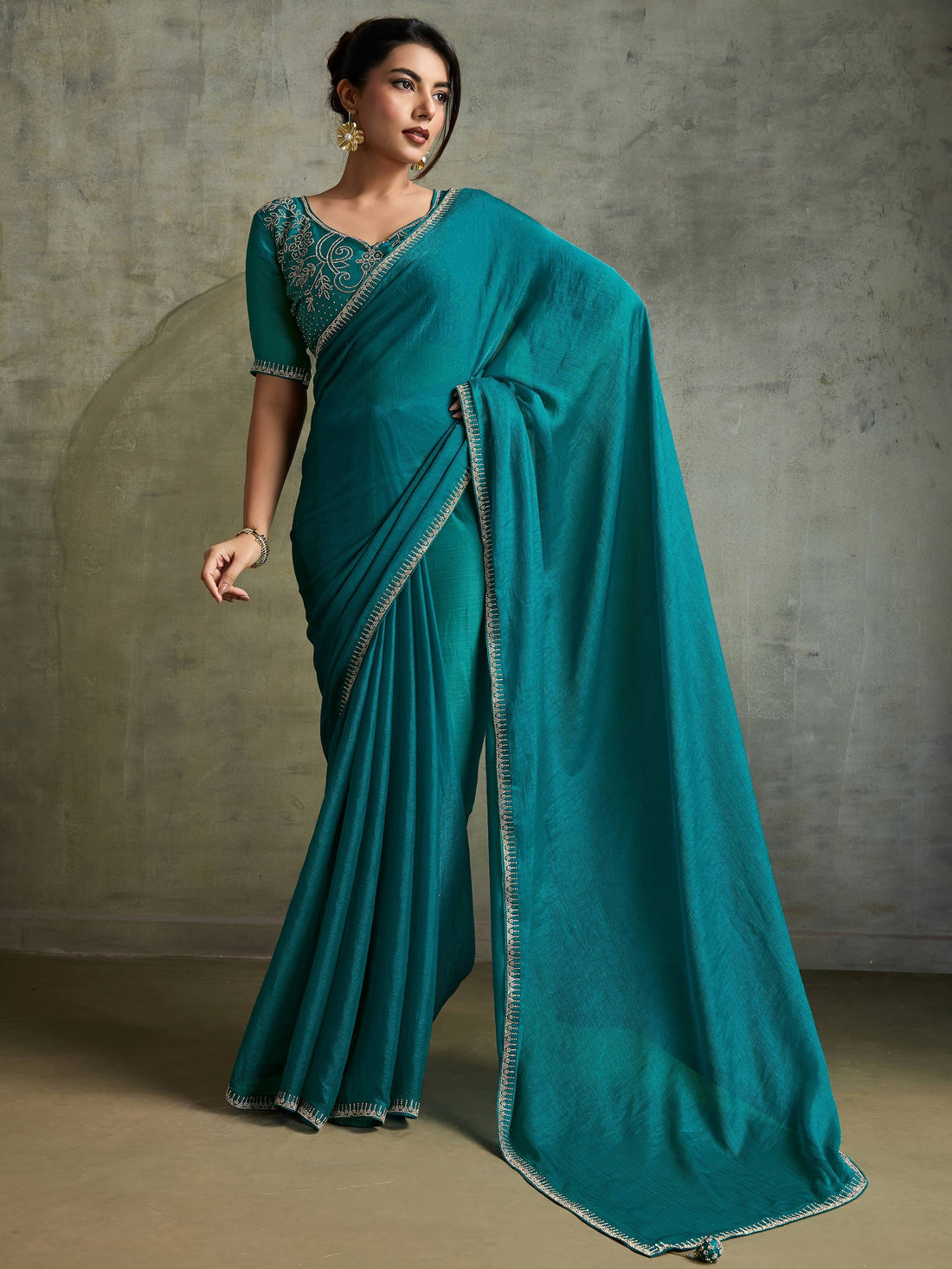 Astonishing Teal Green Chiffon Evening Wear Saree With Jarkan Work Blouse
