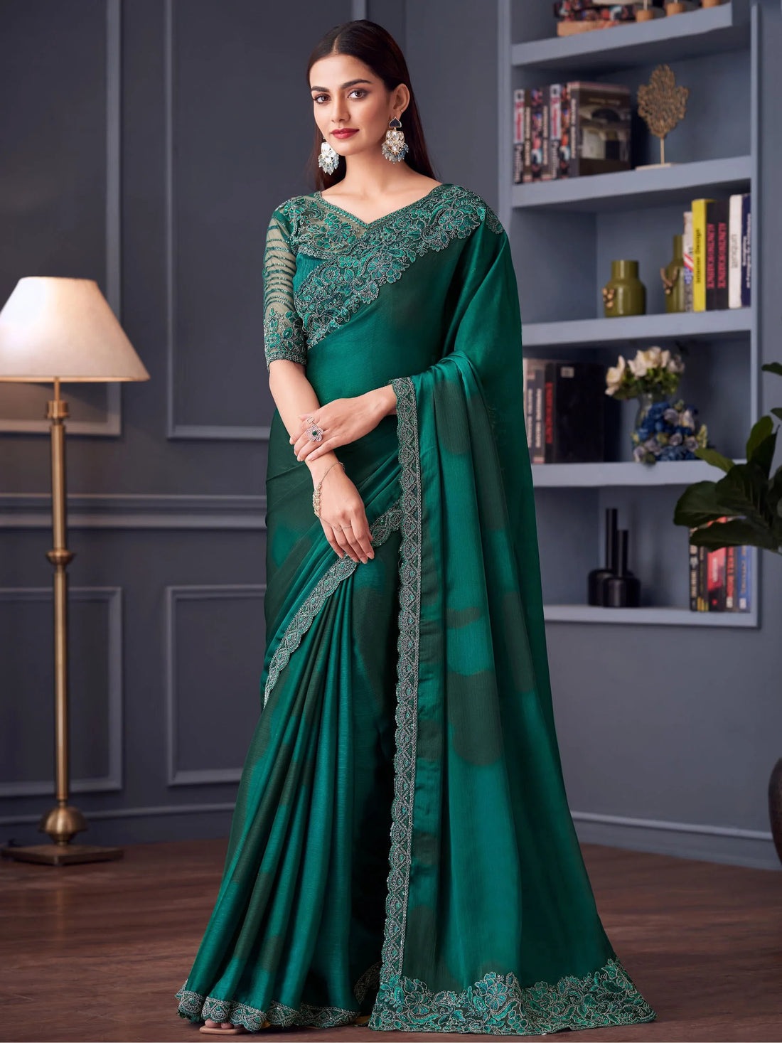 Astonishing Teal Green Lace Work Chiffon Reception Wear Saree - Zeel Clothing