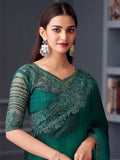 Astonishing Teal Green Lace Work Chiffon Reception Wear Saree - Zeel Clothing