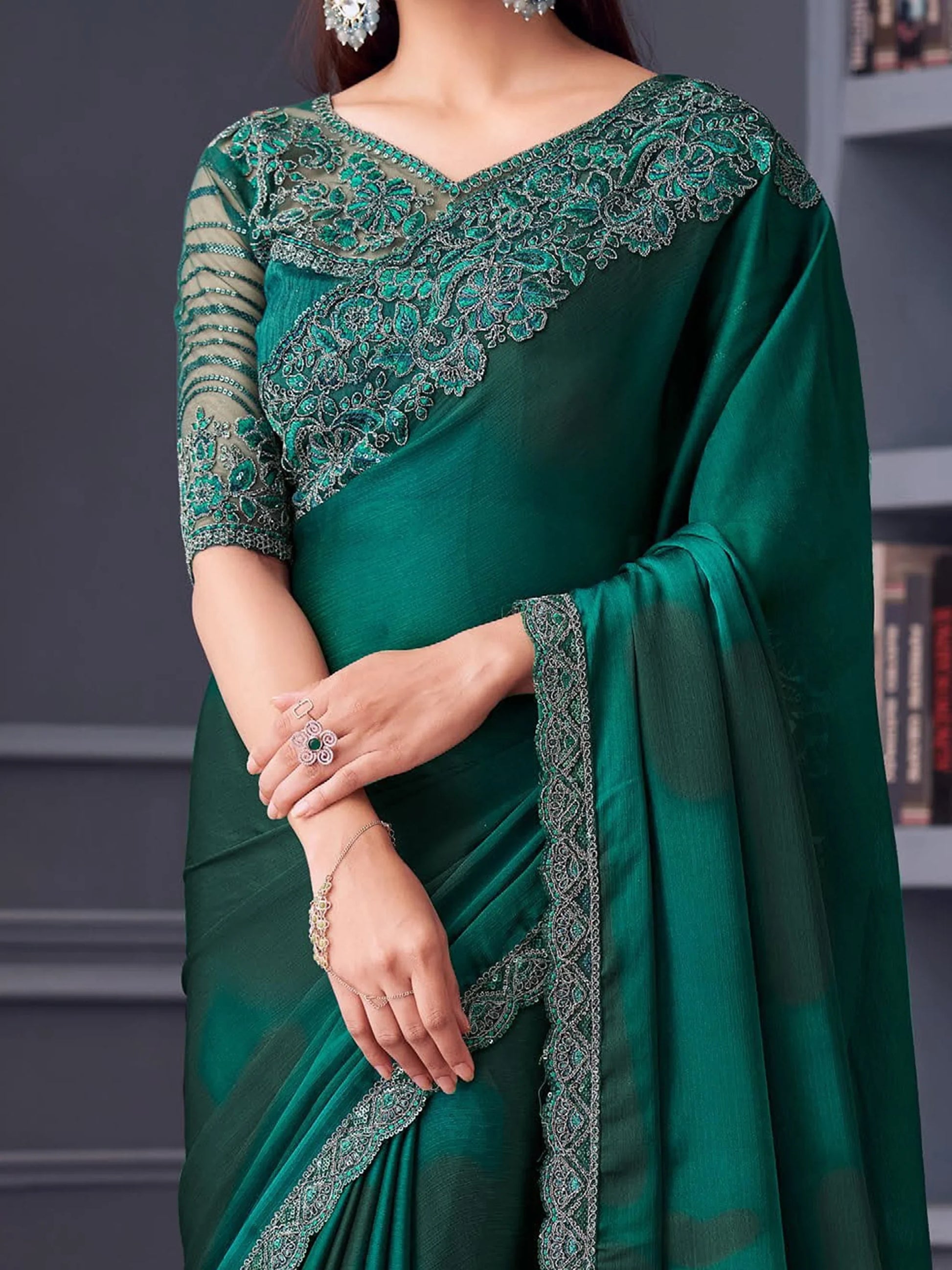 Astonishing Teal Green Lace Work Chiffon Reception Wear Saree - Zeel Clothing