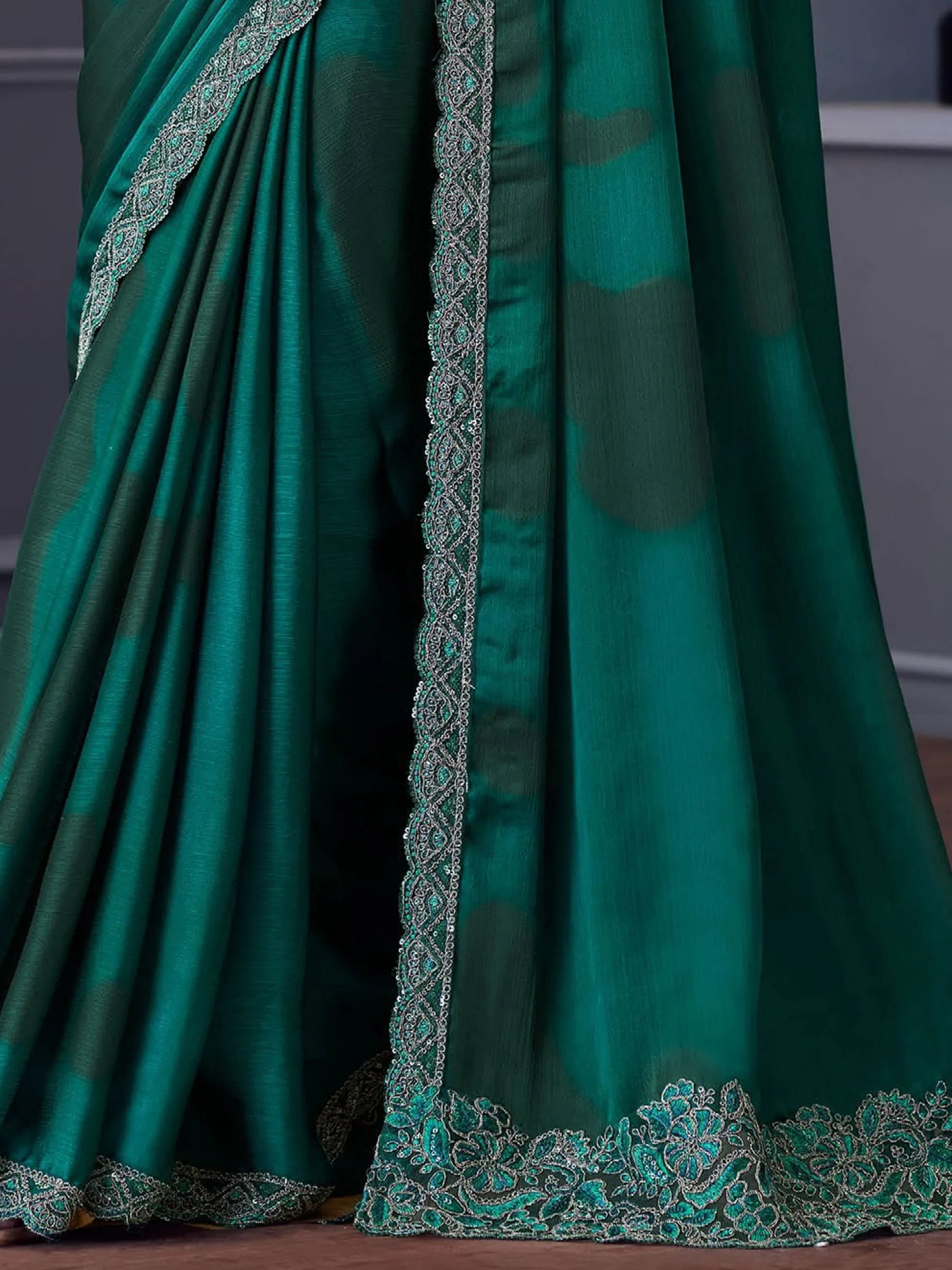 Astonishing Teal Green Lace Work Chiffon Reception Wear Saree - Zeel Clothing