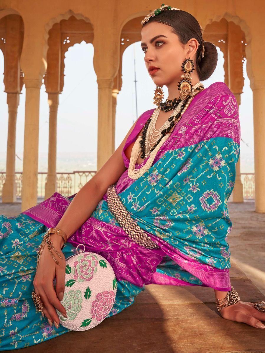 Astonishing  Turquoise Blue Printed Silk Festival Wear Saree