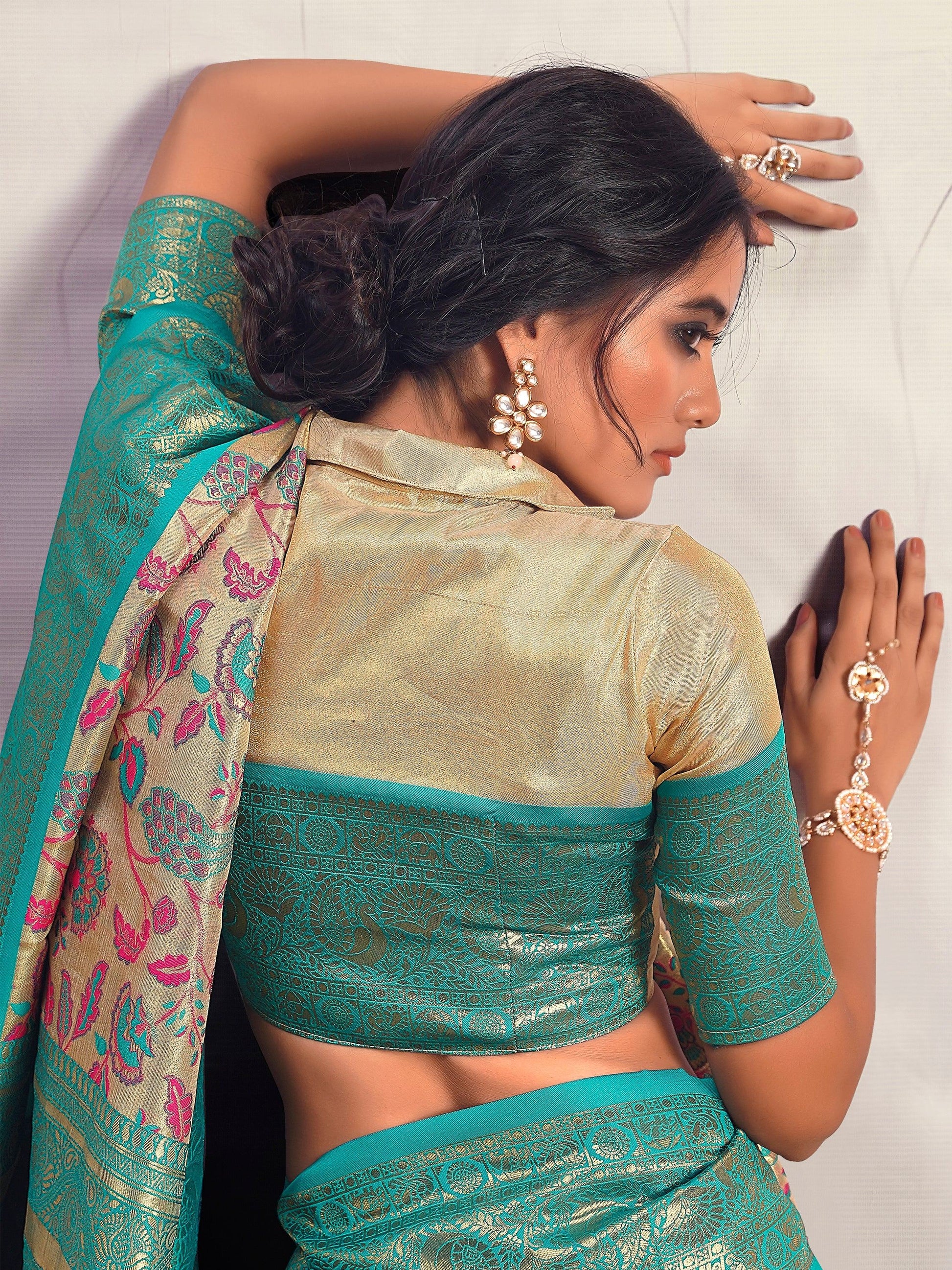 Astonishing Turquoise Blue Printed Silk Saree With Blouse - Zeel Clothing