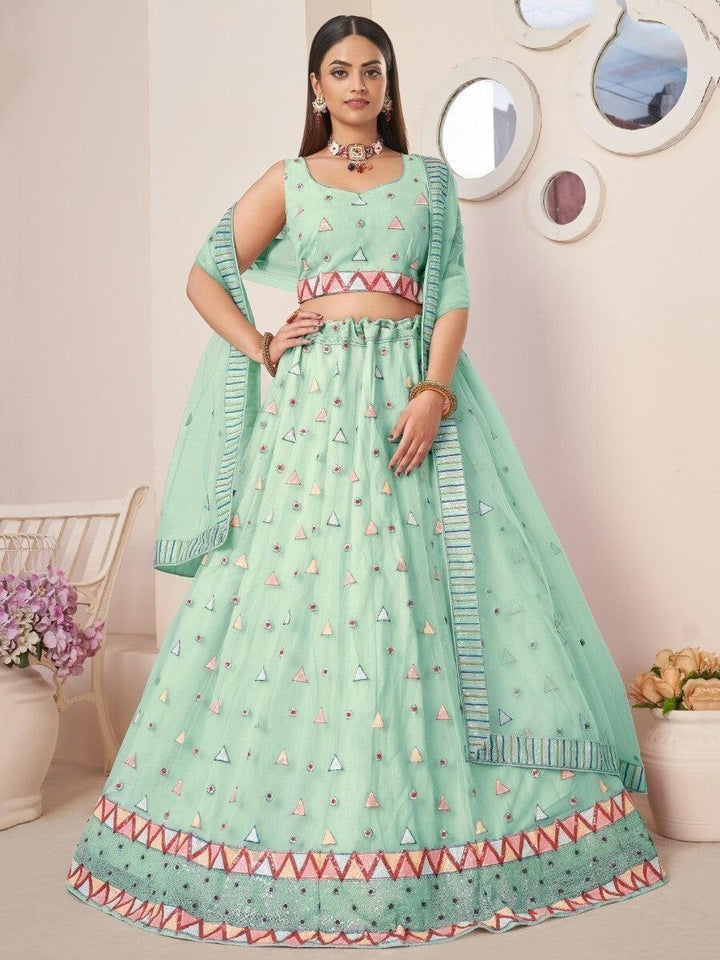 Astonishing Turquoise Sequins Work Net Mehndi Wear Lehenga Choli