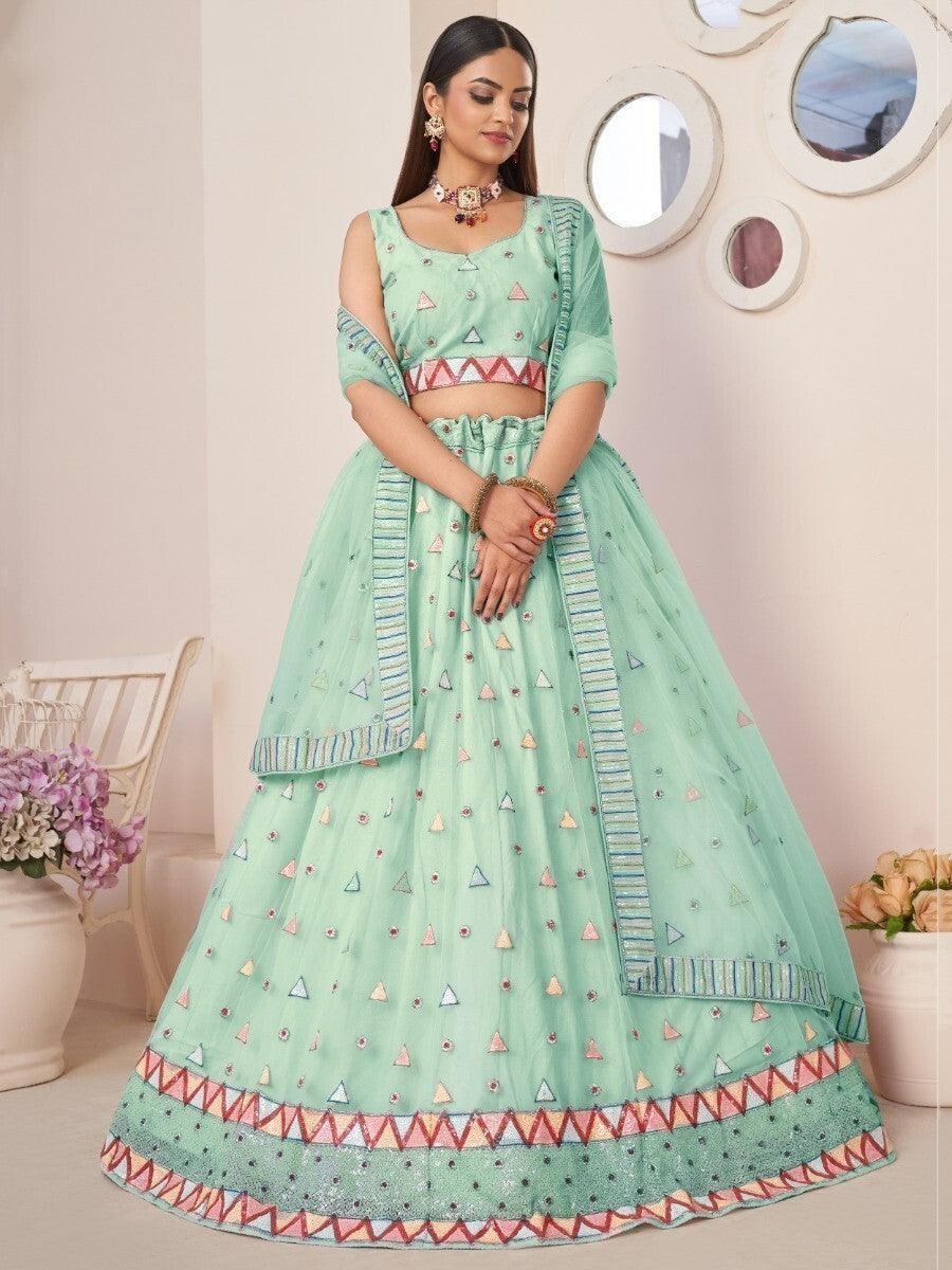 Astonishing Turquoise Sequins Work Net Mehndi Wear Lehenga Choli