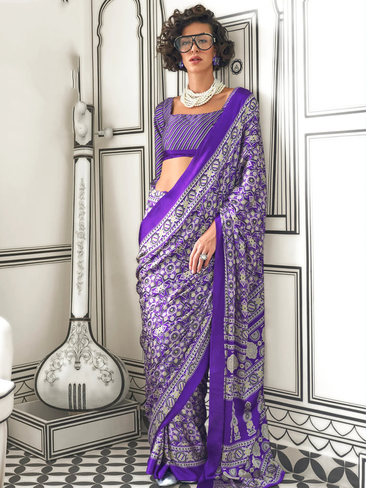 Astonishing Violet Printed Satin Festival Wear Saree With Blouse - Zeel Clothing