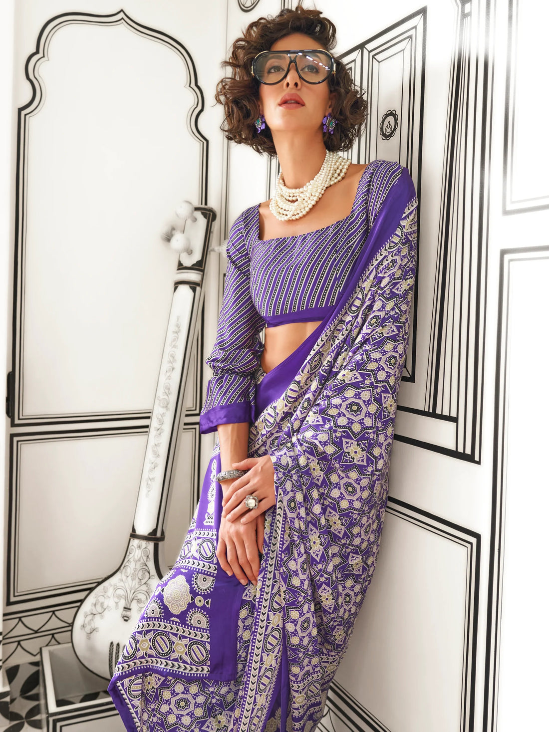 Astonishing Violet Printed Satin Festival Wear Saree With Blouse - Zeel Clothing